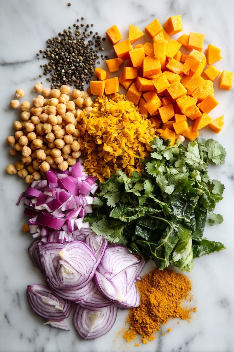 Flat lay of vibrant orange diced sweet potatoes, golden yellow onions finely diced, plump light beige chickpeas, bright green Swiss chard ribbons, fresh cilantro leaves, small clusters of black mustard seeds and whole cumin seeds, thin slices of deep purple red onion, and a small pile of golden brown garam masala powder, placed on a white marble surface, photo taken with an iphone --ar 2:3 --v 7 - Indian Chickpea Sweet Potato Stew, vegan gluten-free Indian stew, hearty plant-based Indian recipes, healthy chickpea and sweet potato stew, comforting vegan Indian dishes