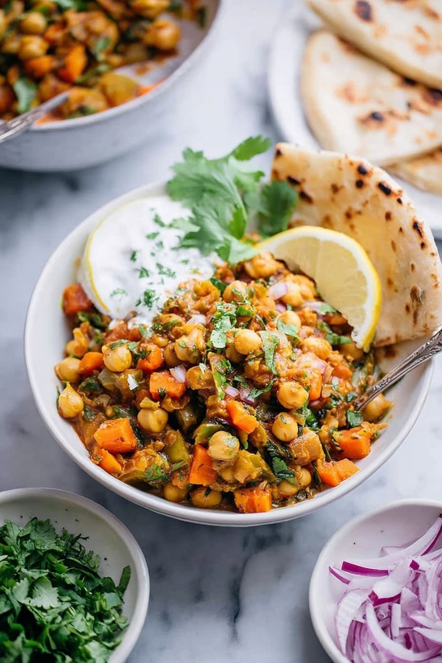 A white bowl filled with a mix of chickpeas, chopped carrots, and green herbs, all cooked together with a slightly saucy texture. There is a dollop of white sauce and fresh green cilantro leaves on the left side of the bowl. A lemon wedge and two pieces of toasted flatbread are placed on the right side inside the bowl. Around the bowl are small white dishes with fresh green herbs and thinly sliced purple onions on a white marbled surface. Another white bowl with a similar chickpea mixture and greens is blurred in the background. Photo taken with an iphone --ar 2:3 --v 7 - Indian Chickpea Sweet Potato Stew, vegan gluten-free Indian stew, hearty plant-based Indian recipes, healthy chickpea and sweet potato stew, comforting vegan Indian dishes
