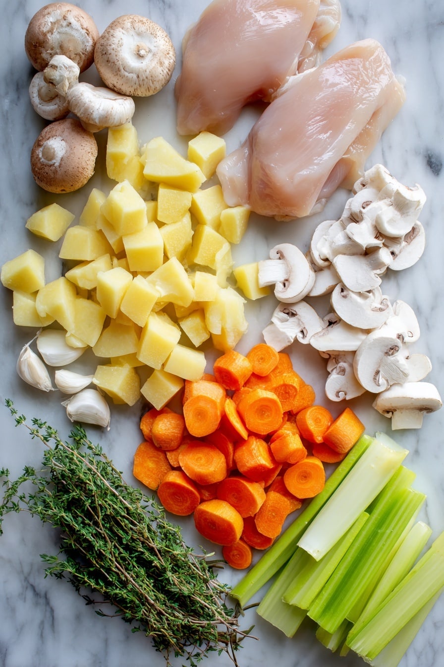 Flat lay of fresh uncooked chicken breasts, peeled and diced Russet potatoes, sliced white mushrooms, peeled and sliced bright orange carrots, chopped celery stalks, chopped half medium onion, whole garlic cloves, and a small bunch of Italian seasoning herbs, all beautifully arranged in a natural, colorful spread placed on a white marble surface, photo taken with an iphone --ar 2:3 --v 7 - Easy Chicken Stew, chicken stew recipe, quick chicken stew, hearty chicken stew, comforting dinner ideas