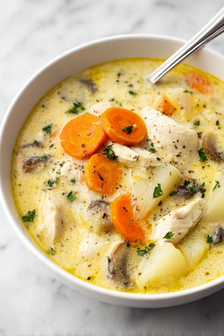 A white bowl filled with creamy chicken soup showing about four layers of ingredients. The top layer has several large orange carrot slices evenly spread, along with white chicken pieces that have a slightly rough texture and light pepper specks. The middle layer contains chopped white potatoes and small pieces of dark brown mushrooms nestled in the creamy yellow broth with herbs floating around. The broth itself has a smooth, slightly oily surface with specks of green parsley and black pepper scattered, giving a fresh and colorful look. A silver spoon rests inside the bowl, slightly submerged in the soup. The bowl sits on a white marbled surface. photo taken with an iphone --ar 2:3 --v 7 - Easy Chicken Stew, chicken stew recipe, quick chicken stew, hearty chicken stew, comforting dinner ideas