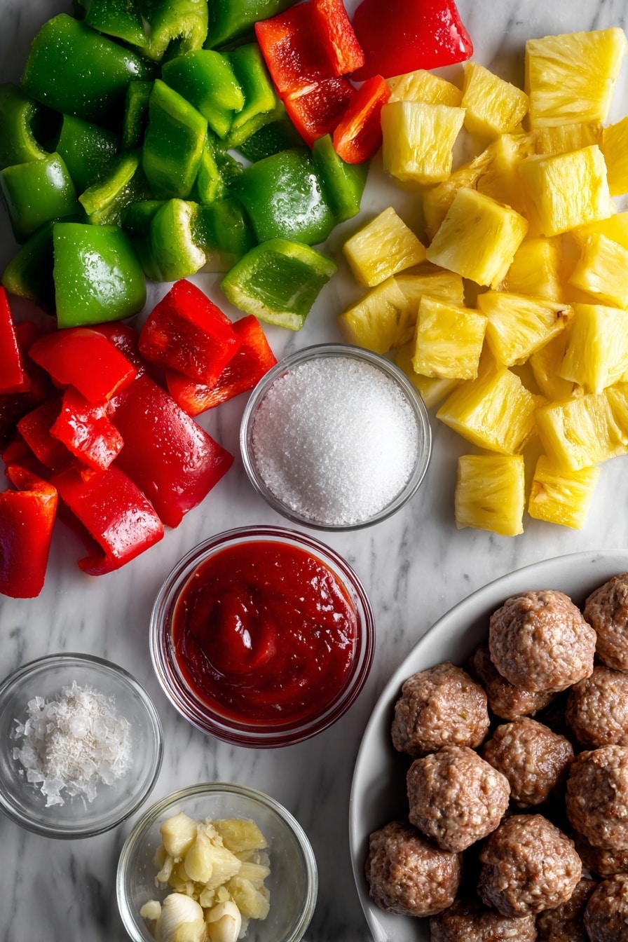 Flat lay of vibrant red and green bell pepper chunks, juicy golden pineapple pieces with glossy juice, plump frozen beef meatballs, bright white granulated sugar crystals, a small heap of white vinegar, smooth red tomato ketchup, light beige minced garlic, and pale yellow minced ginger, all beautifully arranged in a natural, colorful composition placed on a white marble surface, photo taken with an iphone --ar 2:3 --v 7 - Sweet and Sour Crockpot Meatballs, crockpot meatballs recipe, easy party meatballs, flavorful meatball appetizer, slow cooker meatballs
