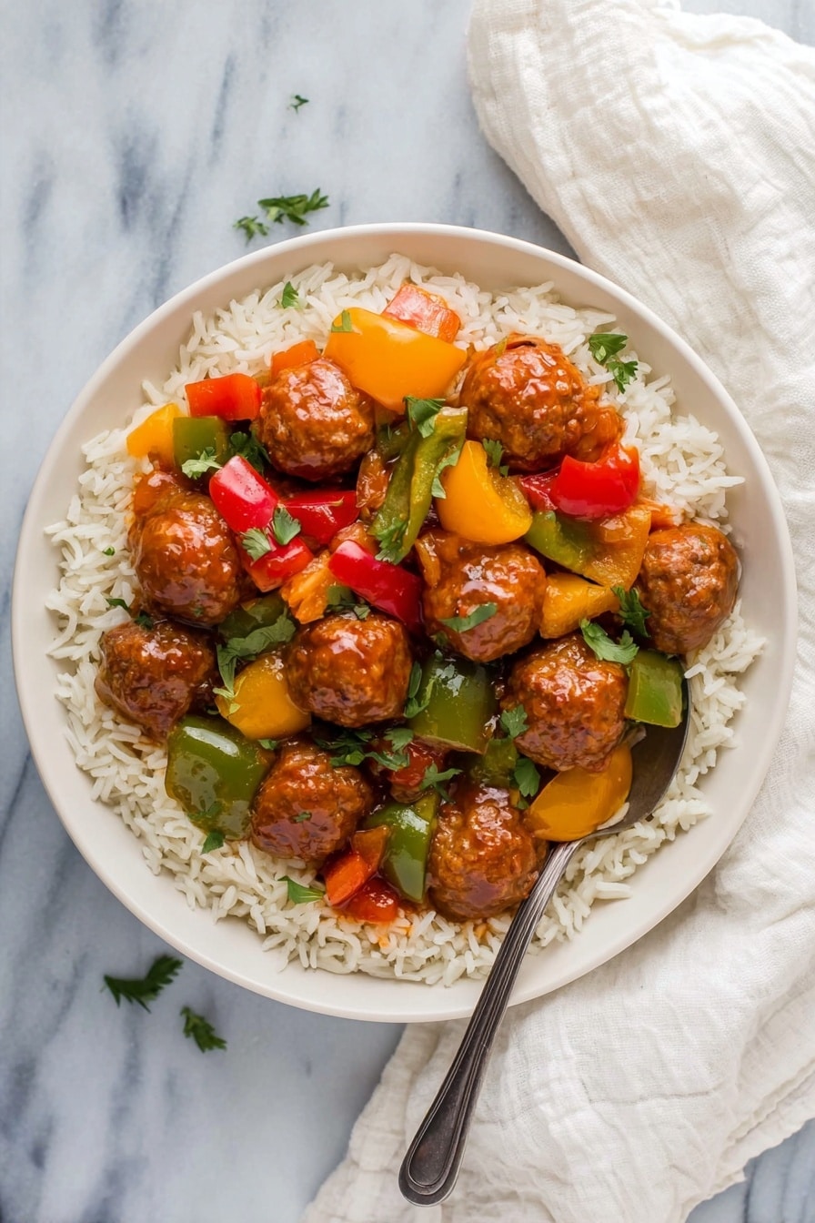 A white round bowl filled with a bed of white rice as the bottom layer, topped with a colorful mix of bright red, green, and yellow bell pepper chunks, along with golden brown meatballs coated in a shiny sauce, all spread evenly across the rice. A silver spoon rests inside the bowl on the right side. The bowl is placed on a white marbled surface with a white cloth beside it. Photo taken with an iphone --ar 2:3 --v 7 - Sweet and Sour Crockpot Meatballs, crockpot meatballs recipe, easy party meatballs, flavorful meatball appetizer, slow cooker meatballs