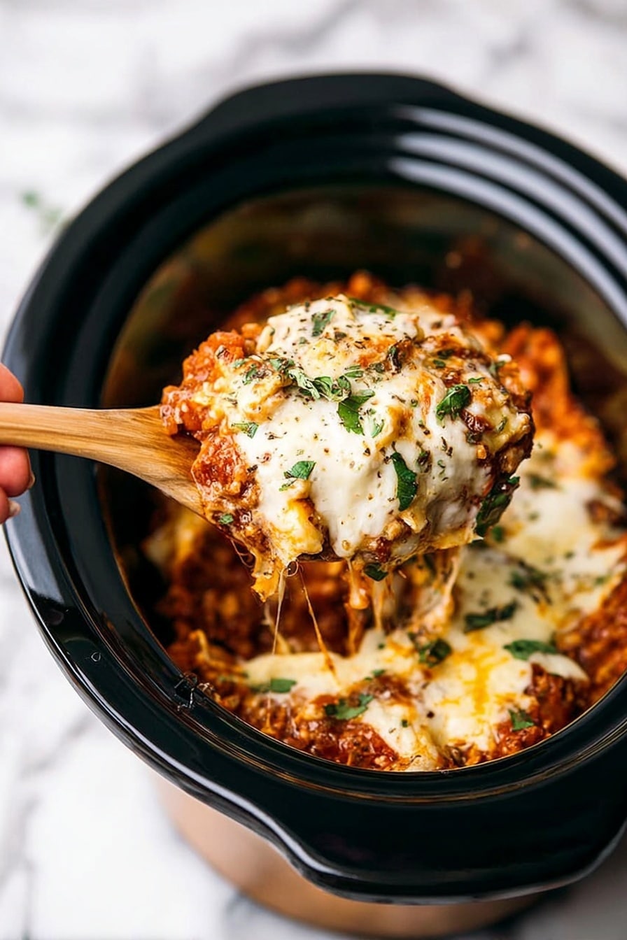 A close-up image shows a black slow cooker filled with a dish that has multiple layers. The bottom layer is a reddish-brown mixture with a rough texture, suggesting cooked meat and sauce. Above this is a creamy, melted white cheese layer that looks soft and stretchy, covering the dish unevenly with some areas browned. On top, there are small green herbs sprinkled evenly, adding a fresh touch. A wooden spoon lifts a generous scoop of the dish, showing the mix of sauce, meat, and cheese strands stretching back to the cooker, with a woman's hand holding the spoon. The background is a white marbled surface. Photo taken with an iphone --ar 2:3 --v 7 - Crockpot Lasagna, slow cooker lasagna recipe, easy crockpot lasagna, homemade lasagna in crockpot, simple lazy lasagna
