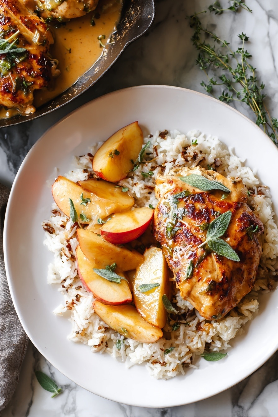 The dish shows one white plate with two pieces of cooked meat wrapped with a browned outer layer, topped with small green leaves. Underneath the meat is a layer of white and brown mixed rice spread evenly across most of the plate. Next to the meat on the rice are three golden-brown cooked apple wedges with shiny skins and a few green herb leaves on top. The plate sits on a white marbled surface with some small green herb sprigs scattered around. A dark cast iron pan with extra sauce and apple wedges is partially visible next to the plate. The photo taken with an iphone --ar 2:3 --v 7 - Prosciutto Apple and Sage Butter Chicken with Cider Pan Sauce, apple chicken recipes, fall chicken dinner ideas, easy autumn chicken recipes, savory apple chicken dishes