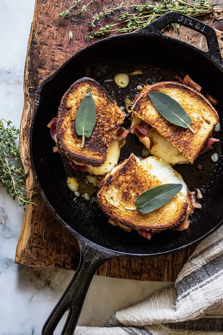 Three toasted sandwiches with golden brown crusts sit in a black cast iron pan, each topped with a single dark green fried sage leaf. The sandwiches are slightly open, showing melted white cheese and bits of bacon inside. The pan glistens with melted butter and small herbs scattered around. The pan is on a rough wooden board, which rests on a white marbled surface with some red flowers and a checked cloth nearby. Photo taken with an iphone --ar 2:3 --v 7 - French Onion and Apple Grilled Cheese, caramelized onion grilled cheese, apple grilled cheese sandwich, savory sweet grilled cheese, autumn grilled cheese recipe