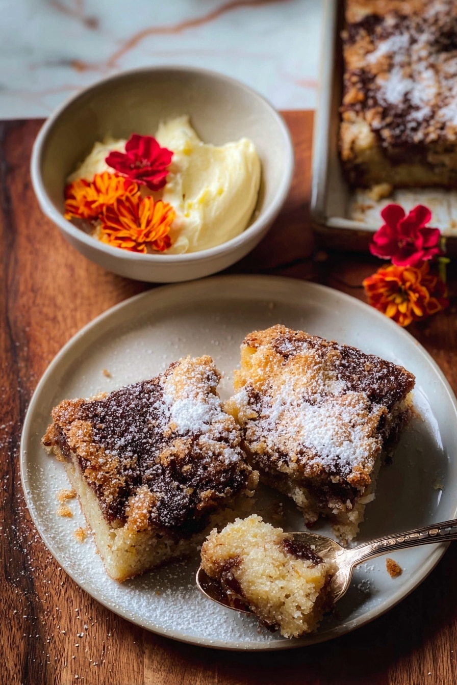 A white plate holds two pieces of a crumbly dessert with a dark brown top layer sprinkled lightly with powdered sugar, revealing a lighter, softer inside with bits of nuts or fruit. A spoon scoops a piece of the dessert, showing its rough, textured surface. Nearby, a small white bowl filled with creamy butter is decorated with small orange and red flowers. The scene is set on a wooden table with a white marbled texture background. photo taken with an iphone --ar 2:3 --v 7 - Easy Cinnamon Sugar Apple Cake, cinnamon apple cake recipe, fall apple cake, moist apple dessert, cozy autumn cake