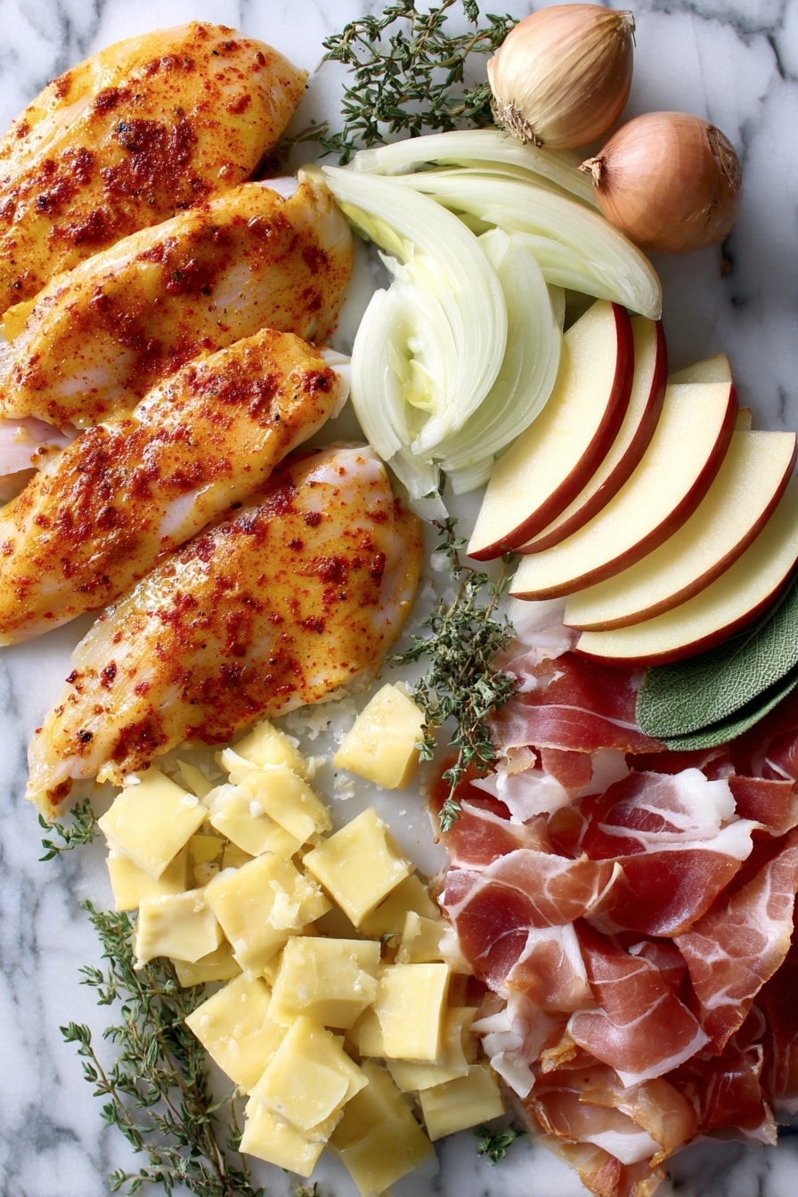Flat lay of thin-cut chicken breasts seasoned with paprika and cayenne, crispy golden prosciutto slices, sliced yellow onion, chopped garlic cloves, fresh thyme and sage leaves, crisp Honeycrisp apple wedges, and shredded Gruyère cheese, all beautifully arranged with pats of salted butter scattered among the ingredients, placed on a white marble surface, photo taken with an iphone --ar 2:3 --v 7 - Apple Cider Smothered Chicken, apple cider chicken recipe, fall chicken dinner, easy cozy chicken dish, hearty apple cider chicken