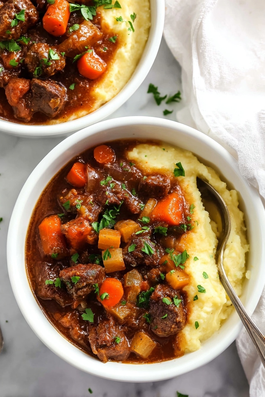 The image shows a stew with rich brown chunks of meat and bright orange carrot pieces mixed together in a thick, dark brown sauce. Green herbs are sprinkled on top, adding a fresh color contrast to the dish. The texture of the stew looks hearty with visible tender meat and soft vegetables, all contained in a dark cooking pot against a white marbled background. photo taken with an iphone --ar 2:3 --v 7 - Slow Cooker Beef Stew with Rich Gravy, hearty beef stew, easy slow cooker beef recipe, comforting beef stew, savory beef stew with vegetables