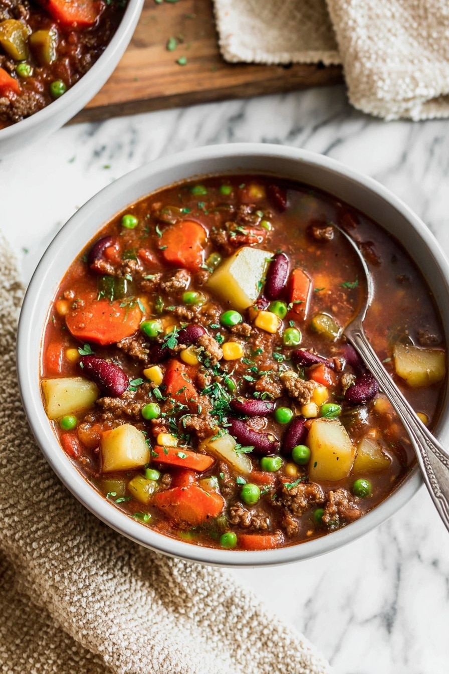 A bowl of thick stew filled with layers of colorful ingredients, starting with a base of rich, dark brown broth. Chunks of orange carrots, bright green peas, yellow corn, and deep red kidney beans are spread evenly throughout. Pieces of brown ground meat and slices of browned sausage add texture and depth. Small white potato cubes and bits of green herbs are scattered on top, adding a fresh touch. The stew fills a white bowl, with a spoon resting inside, all set on a white marbled surface with a beige and white textured cloth nearby. Photo taken with an iphone --ar 2:3 --v 7 - Cowboy Stew, hearty beef stew, kielbasa and vegetable stew, one-pot comfort food, easy family dinner
