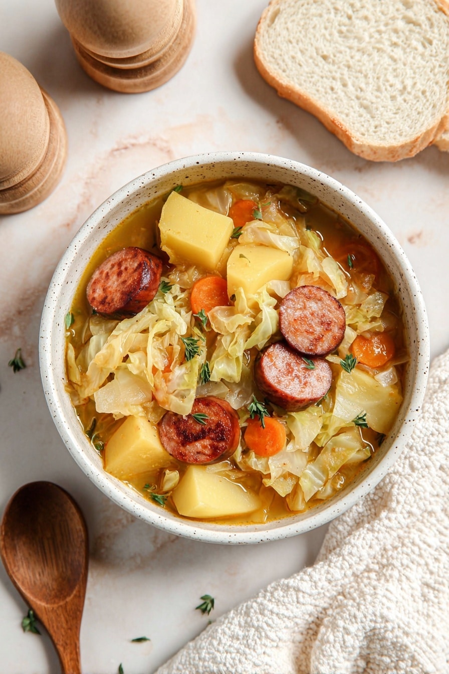 A bowl filled with a thick stew showing three main layers: the bottom layer is a light brown broth; the middle layer has large yellow potato chunks and slices of orange carrots; the top layer includes browned sausage slices, shredded light cabbage, and small green herb sprigs scattered on top. The bowl is white with small dark speckles and sits on a white marbled surface. Next to it are two slices of white bread and a wooden pepper grinder partially visible. A wooden spoon and a white textured cloth are placed nearby. Photo taken with an iphone --ar 2:3 --v 7 - Kielbasa and Cabbage Soup, hearty sausage and cabbage soup, quick comfort food recipes, easy Polish cabbage soup, flavorful sausage and potato soup