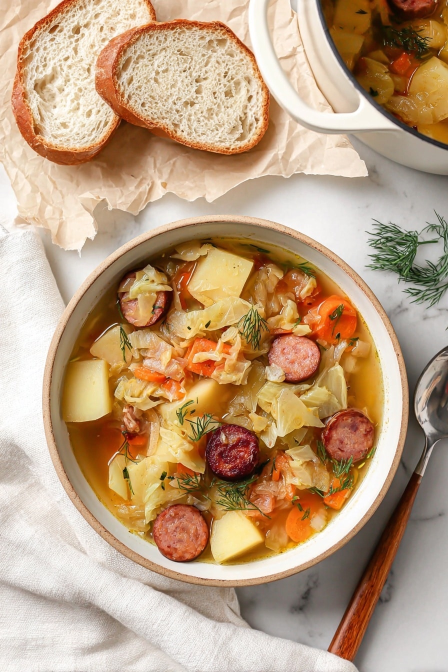 A bowl filled with soup showing three layers: at the bottom, a light brown broth; above it, chunks of light yellow potatoes and slices of orange carrots; on top, slices of dark brown sausage mixed with shredded translucent cabbage and small green dill sprigs scattered throughout. The bowl is round and white with a natural rim. Next to the bowl is a white cloth napkin and a spoon with a wooden handle resting on it. To the top left, there are two slices of pale bread set on crumpled parchment paper. Part of a white cooking pot containing more of the same soup is visible in the top right corner. The whole scene is arranged on a white marbled surface. photo taken with an iphone --ar 2:3 --v 7 - Kielbasa and Cabbage Soup, hearty sausage and cabbage soup, quick comfort food recipes, easy Polish cabbage soup, flavorful sausage and potato soup