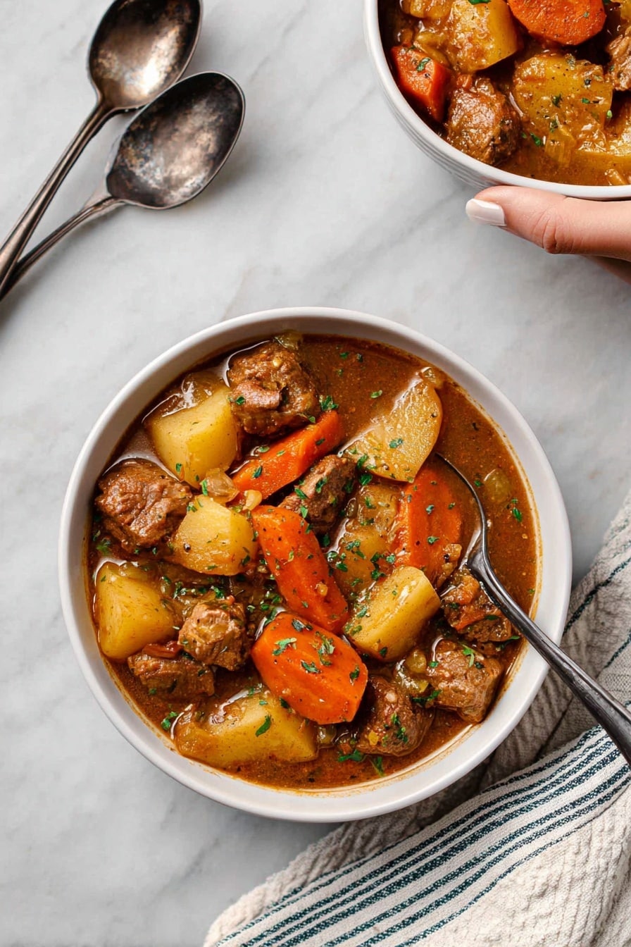 A white bowl filled with a thick stew showing three main layers: large orange carrot slices scattered throughout, chunky light brown pieces of meat evenly spread, and irregular yellowish potato pieces sitting on and beneath the meat and carrots, all mixed in a rich brown sauce with small green herb bits sprinkled on top. The bowl is placed on a white marbled surface next to two silver spoons and a striped white and blue cloth napkin. A woman's hand holds a similar white bowl with the same stew in the upper right corner. Photo taken with an iphone --ar 2:3 --v 7 - Hearty Oven-Braised Lamb Stew, Lamb Stew with Potatoes and Mushrooms, Comforting Lamb Stew Recipe, Slow Oven Braised Lamb, Lamb and Vegetable Stew
