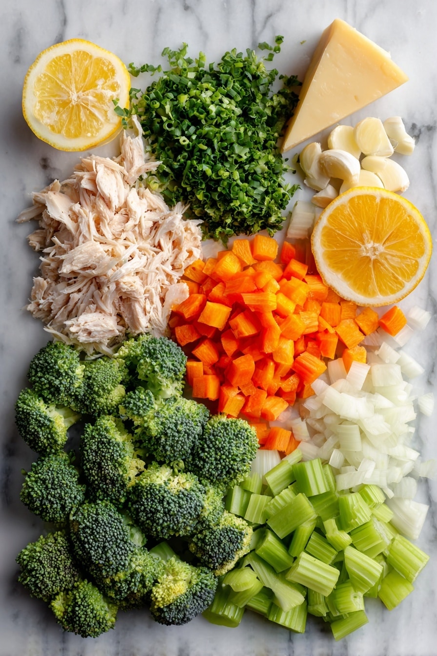 Flat lay of bright green broccoli florets, shredded cooked chicken, diced sweet onion, chopped orange carrots, chopped celery stalks, peeled garlic cloves, a wedge of parmesan rind, and a fresh lemon half with a spritz of juice, all beautifully arranged on a white marble surface, photo taken with an iphone --ar 2:3 --v 7 - Creamy Chicken and Broccoli Soup, healthy chicken broccoli soup, easy creamy chicken soup, comforting chicken and broccoli dish, quick and nutritious soup
