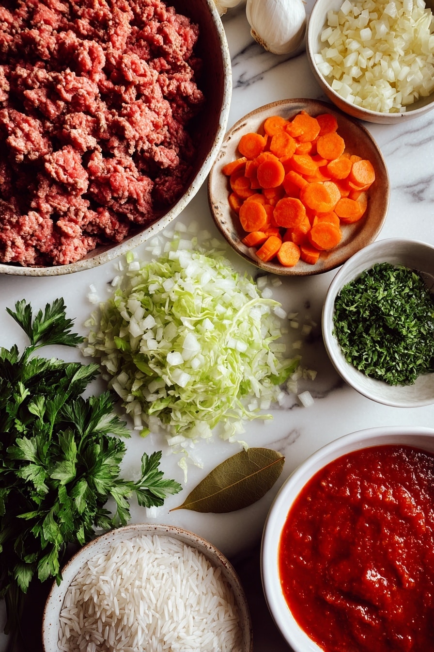 Flat lay of fresh ground beef, finely diced yellow onion, minced garlic cloves, chopped green cabbage, vibrant sliced carrots, bright red tomato sauce in a rich pool, uncooked white rice grains scattered delicately, a single bay leaf, and a small pile of fresh chopped parsley, all beautifully arranged on a white marble surface, photo taken with an iphone --ar 2:3 --v 7 - Cabbage Roll Soup, hearty cabbage soup, easy comfort food, savory cabbage stew, simple dinner recipes