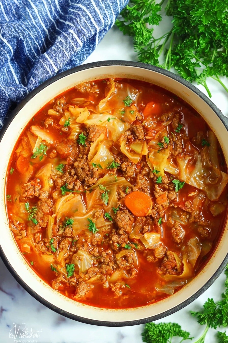 The image shows a white bowl filled with a chunky soup on a white marbled surface. The soup has several layers with a bright orange-red broth forming the base layer. Floating in the broth are soft, pale green cabbage pieces with slightly wrinkled texture, scattered chunks of cooked ground meatballs in a brown color, and slices of orange carrots. Small grains of white rice are also layered throughout the soup, mixed evenly with the other ingredients. Tiny green parsley pieces are sprinkled on top for a fresh look. Photo taken with an iphone --ar 2:3 --v 7 - Cabbage Roll Soup, hearty cabbage soup, easy comfort food, savory cabbage stew, simple dinner recipes