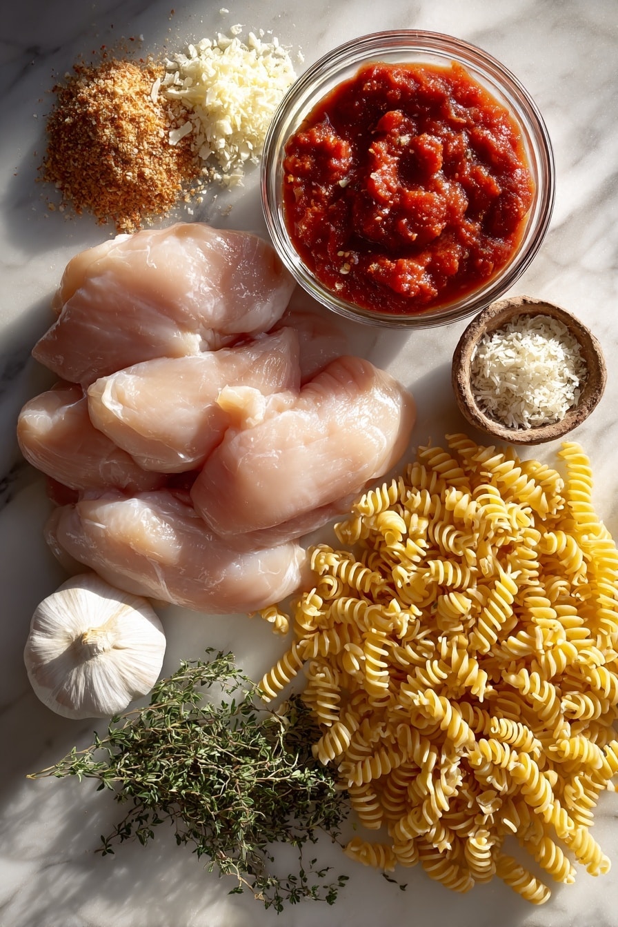 Flat lay of boneless skinless chicken breasts, minced garlic cloves, dried onion flakes, bright red tomato paste in a small glass jar, rich tomato sauce in a rustic bowl, diced vine-ripened tomatoes, fresh Italian seasoning herbs, grated Parmesan cheese piles, and uncooked campanelle pasta spirals, all beautifully arranged with natural light highlighting their vibrant colors, placed on a white marble surface, photo taken with an iphone --ar 2:3 --v 7 - Slow Cooker Chicken Parmesan Soup, Italian chicken soup, easy chicken Parmesan, Italian comfort food, hearty slow cooker soup