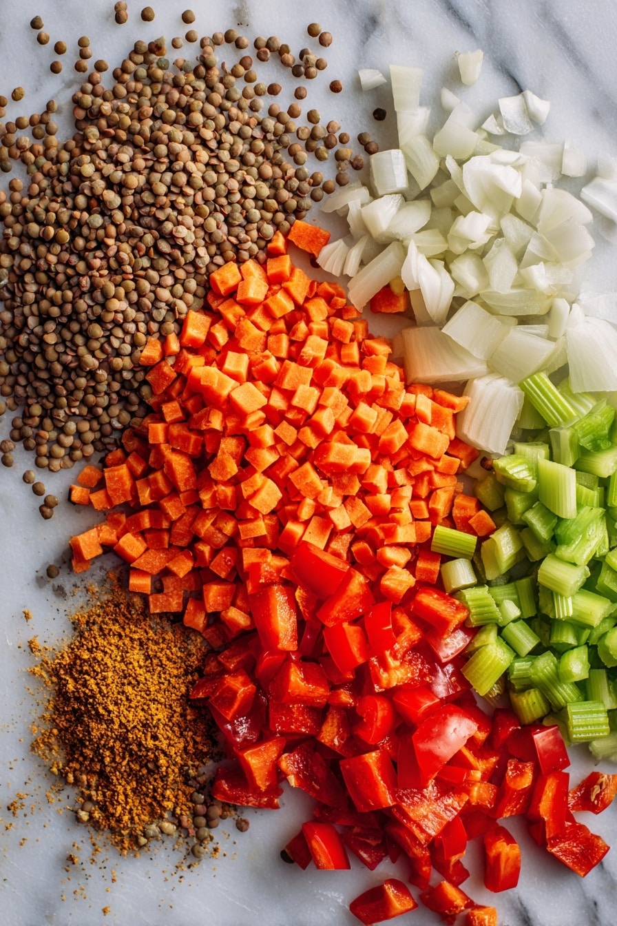 Flat lay of dried brown lentils spilling gently, diced medium onion bulbs with translucent layers, vibrant sliced orange carrots, fresh green celery stalks finely diced, peeled garlic cloves crushed slightly, bright red diced tomatoes glistening, and a small pile of warm golden ground cumin and coriander seeds, all beautifully arranged in a natural, colorful composition, placed on a white marble surface, photo taken with an iphone --ar 2:3 --v 7 - Slow Cooker Lentil Soup, vegan lentil soup recipe, healthy lentil soup, easy slow cooker soup, gluten-free lentil soup