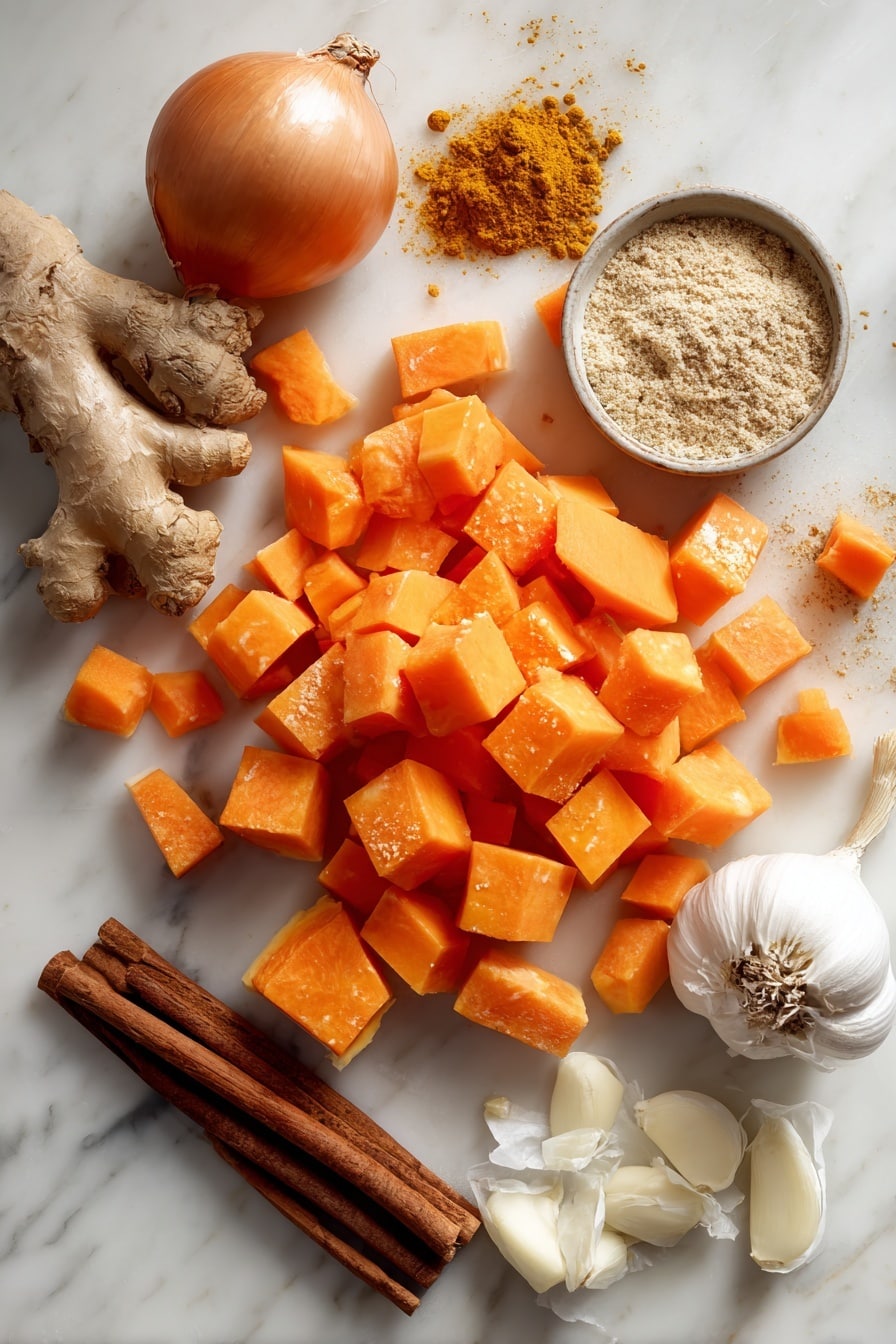 Flat lay of bright orange pumpkin cubes, fresh peeled and chopped carrots, a small golden onion with papery skin, peeled garlic cloves, a neat pile of golden curry powder, warm brown cinnamon sticks, fresh ginger root with a bit peeled, and a creamy swirl of coconut milk, all beautifully arranged on a white marble surface, photo taken with an iphone --ar 2:3 --v 7 - Creamy Pumpkin Curry Soup, pumpkin curry soup, easy pumpkin soup, healthy pumpkin soup, comforting fall soups