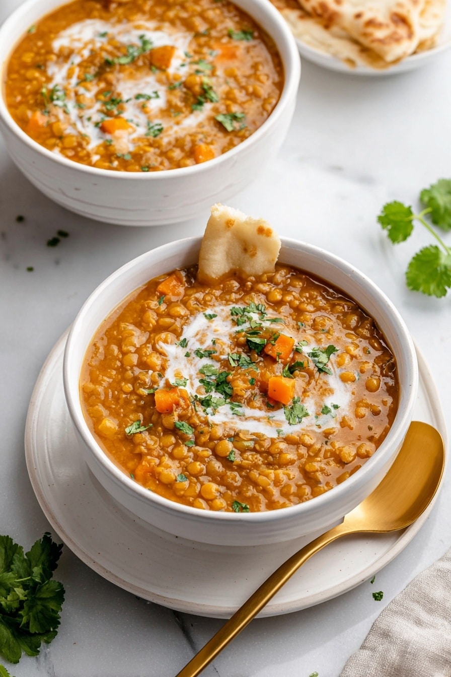 The image shows two white bowls filled with thick, orange-brown lentil curry, placed on white marbled surface. The curry has visible lentils and small pieces of orange carrot, topped with white cream swirled on top and sprinkled with green chopped cilantro. One bowl is in the front on a white plate with a golden spoon resting beside it, while the other bowl is partly visible in the background. A piece of light brown flatbread is placed resting on the edge of the front bowl. A few sprigs of fresh cilantro add a pop of green around the bowls. Photo taken with an iphone --ar 2:3 --v 7 - Vegan Curried Pumpkin Lentil Soup, vegan pumpkin lentil soup, hearty vegan soup, healthy pumpkin soup, simple vegan lentil recipes