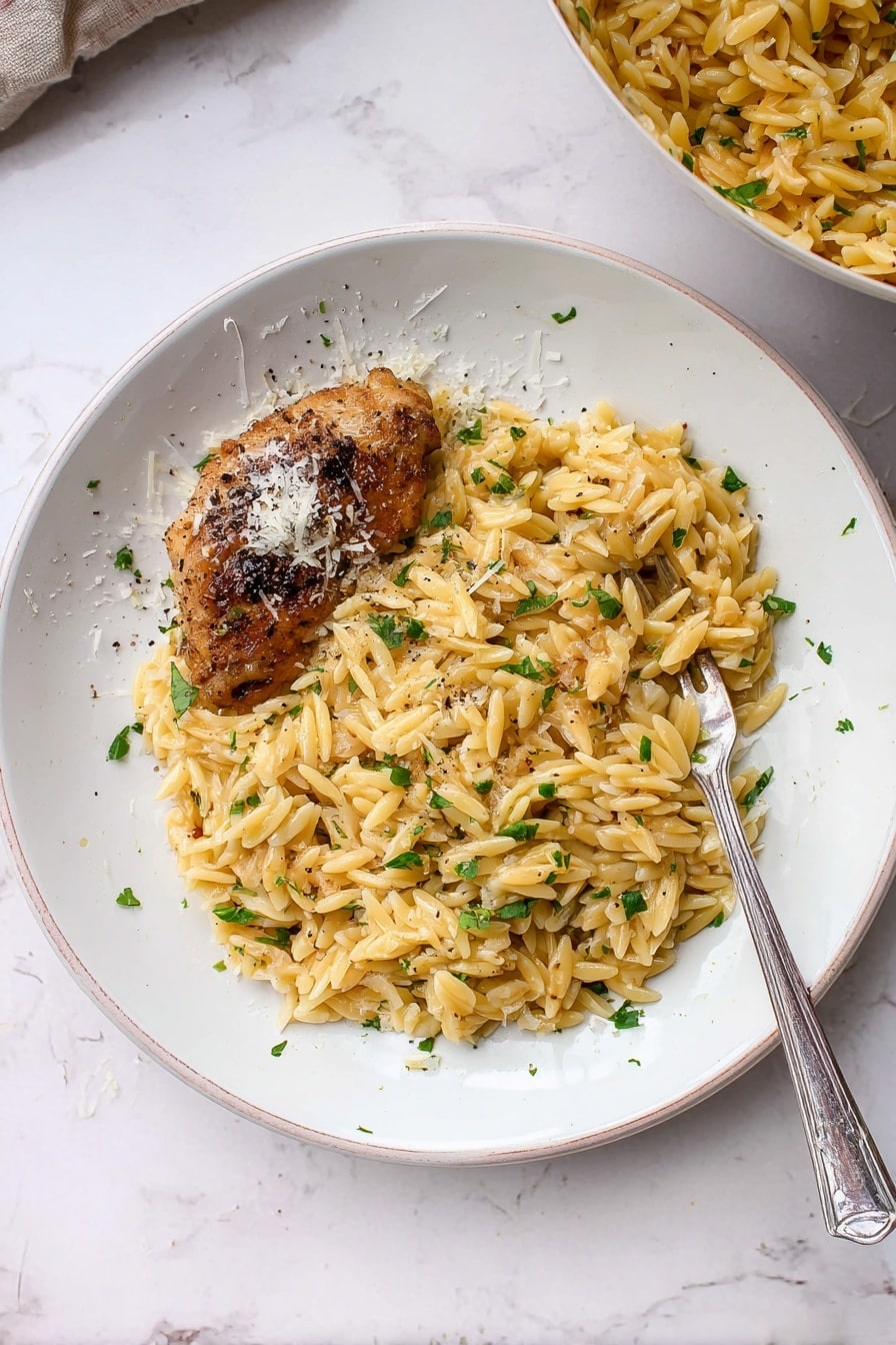 A white plate with a serving of golden pasta mixed with small green parsley pieces and bits of light brown toasted orzo, covering most of the plate's center and right side. On the left side of the plate, there is a browned, cooked piece of chicken skin-on, topped lightly with grated white cheese and some black pepper sprinkled over both pasta and chicken. A silver fork rests diagonally on the plate, partly under the pasta on the right side. The plate sits on a white marbled surface, and part of a bowl of similar pasta is visible in the top right corner. Photo taken with an iphone --ar 2:3 --v 7 - One Pot Garlic Butter Chicken and Orzo, garlic butter chicken skillet, easy one pot chicken and orzo, comforting chicken dinner, quick weeknight chicken