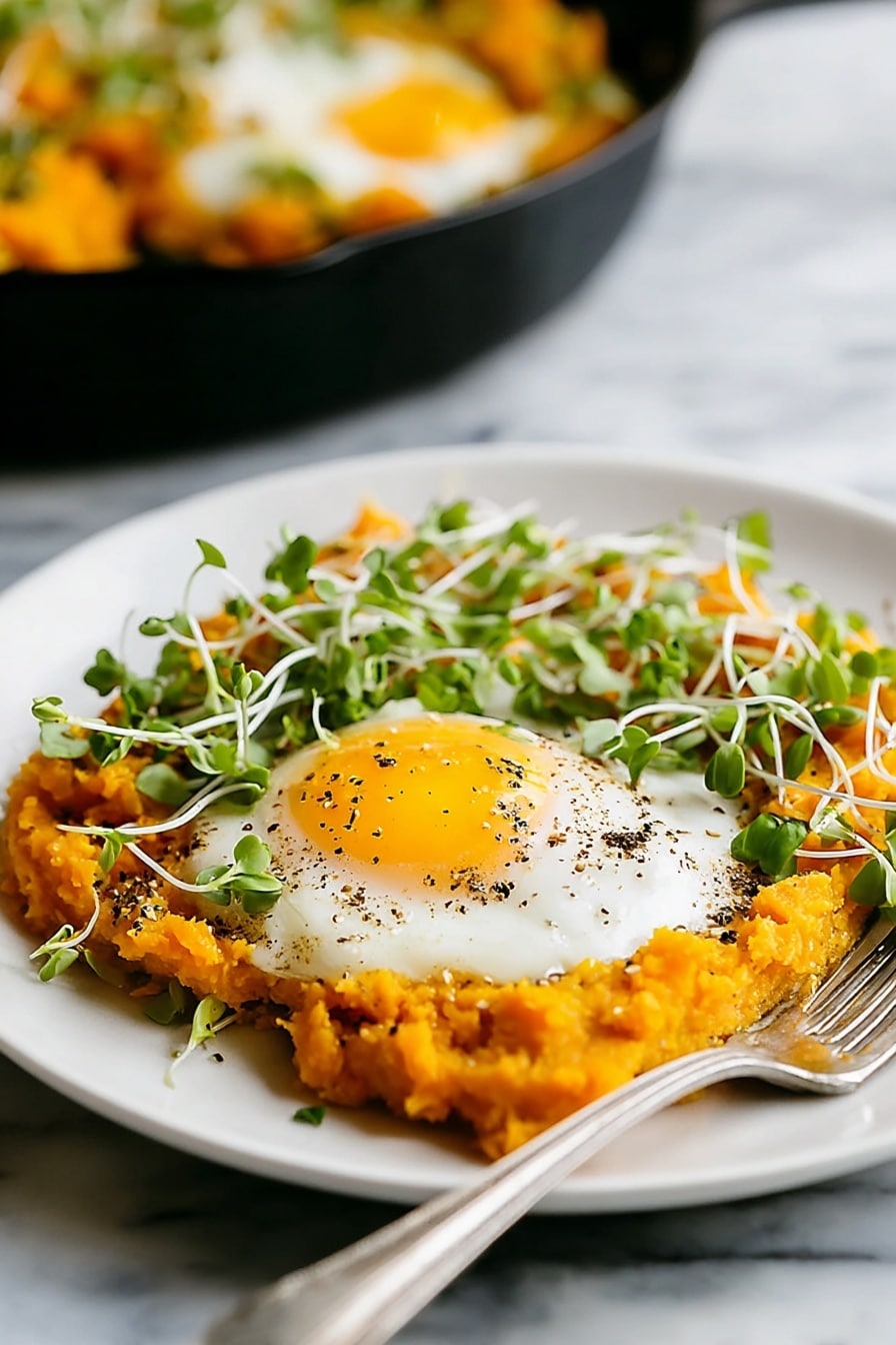 A white plate sits on a white marbled surface, holding a bright orange mashed base spread out flat. On top of this base is a single fried egg with a yellow yolk and white edges, sprinkled lightly with black pepper. Around the egg and on the mashed layer are small fresh green sprouts with thin white stems scattered over. A silver fork rests on the right side of the plate, partially on the food. In the background, a black skillet filled with the same mashed base and eggs is slightly blurred. Photo taken with an iphone --ar 2:3 --v 7 - Orange Shakshuka with Roasted Butternut Squash and Spiced Vegetables, healthy shakshuka recipes, comforting breakfast ideas, fall-inspired vegetarian dishes, flavorful vegetable shakshuka