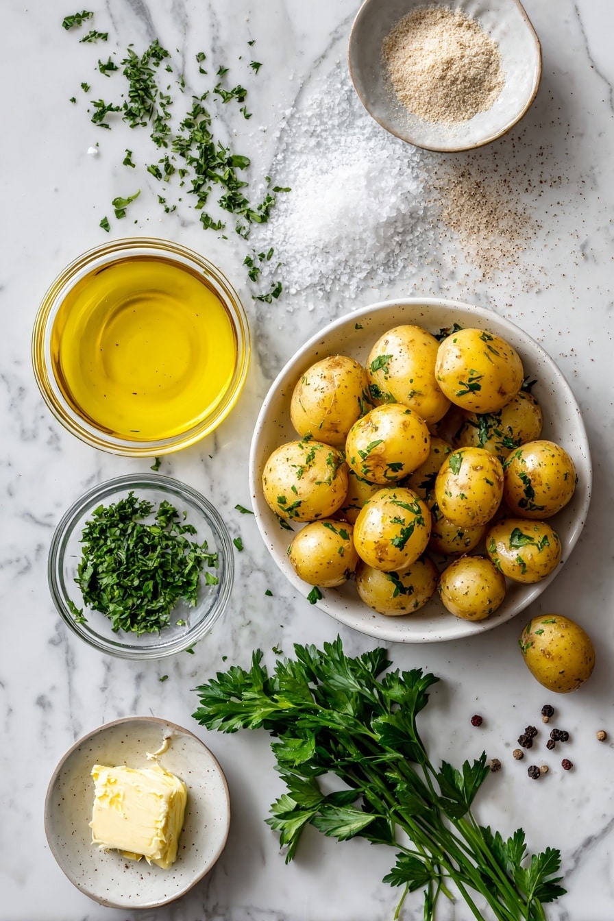 Flat lay of small golden baby potatoes, a small dish of melted butter glistening with richness, a glass bowl filled with golden olive oil, a scattering of bright green finely chopped fresh parsley, white flaky sea salt crystals, and a dusting of pale beige garlic powder, all beautifully arranged with sprinkles of coarse black pepper, placed on a white marble surface, photo taken with an iphone --ar 2:3 --v 7 - Crispy Air Fryer Smashed Potatoes, air fryer smashed potatoes, crispy potato side dish, garlic smashed potatoes, crunchy air fryer potatoes