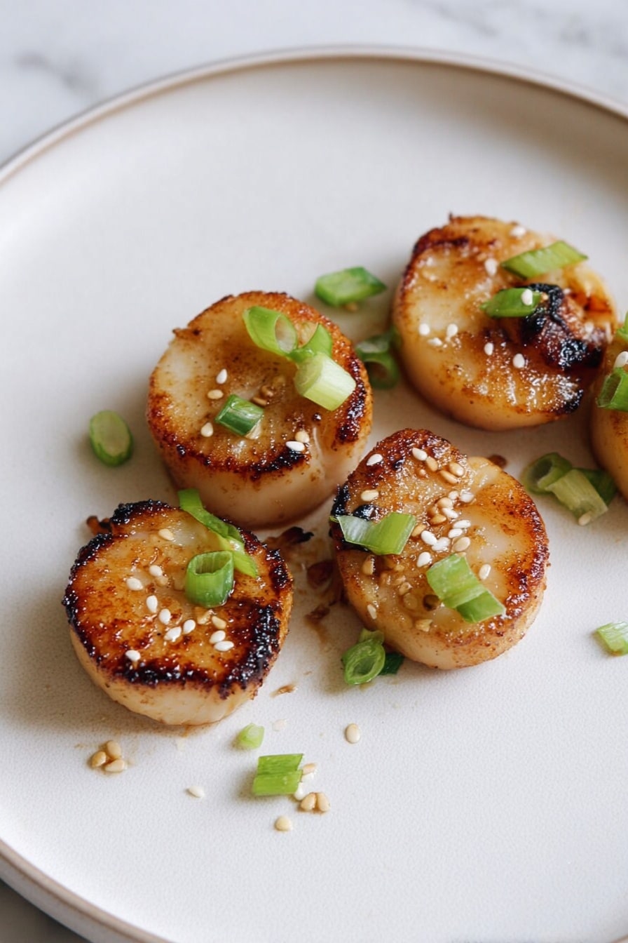 Five round, golden brown pieces of seared food are arranged slightly spread out on a white plate with a smooth texture. Each piece has a crisp, caramelized edge and a light brown top with some slightly darker char marks. Small green chopped spring onions are scattered on top of and around the pieces, adding a fresh touch of color. Tiny white sesame seeds sprinkle the surface of the food and plate for extra texture. The plate sits on a white marbled surface in soft natural light, emphasizing the warm tones of the dish. photo taken with an iphone --ar 2:3 --v 7 - Miso Soy King Oyster Mushroom, Vegan Scallops, Plant-Based Seafood, Easy Vegan Dinner, Umami Mushroom Recipes