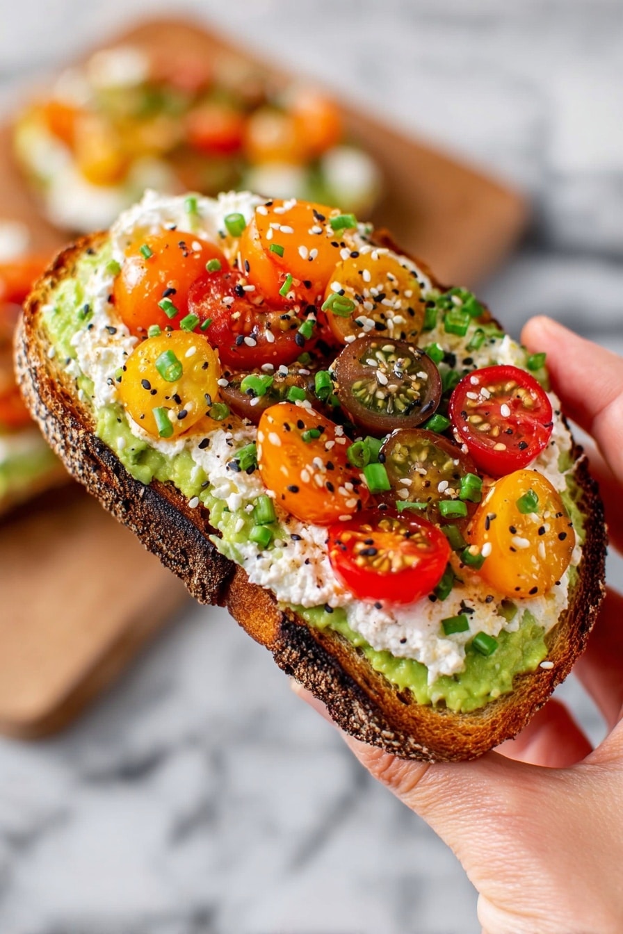 A slice of toasted bread with a dark brown crust and light brown inside is held by a woman's hand. The first layer on the bread is mashed green avocado, spread evenly. On top of the avocado is a thick layer of white creamy cheese with a smooth texture. The top layer features colorful cherry tomato halves in red, yellow, orange, and brown shades, scattered nicely. Small pieces of green chopped chives and a sprinkle of black and white sesame seeds are spread across the tomatoes, adding texture and color. The background shows a white marbled surface and a blurred second slice of toast. Photo taken with an iphone --ar 2:3 --v 7 - Avocado Cottage Cheese Toast with Everything But The Bagel Seasoning, healthy avocado toast, easy breakfast recipes, flavorful snack ideas, quick avocado toast