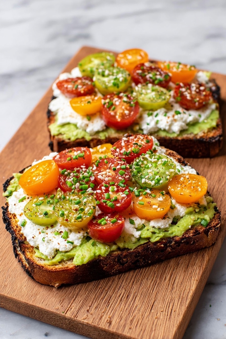 Two slices of toasted bread with dark crispy edges sit on a wooden board. Each slice has a first layer of mashed green avocado spread evenly. On top, there is a thick layer of white cottage cheese dotted with small lumps. The top layer has halved cherry tomatoes in red, orange, and green colors arranged closely. The toast is garnished with chopped green chives and black and white sesame seeds scattered evenly. The wooden board rests on a white marbled surface. Photo taken with an iphone --ar 2:3 --v 7 - Avocado Cottage Cheese Toast with Everything But The Bagel Seasoning, healthy avocado toast, easy breakfast recipes, flavorful snack ideas, quick avocado toast