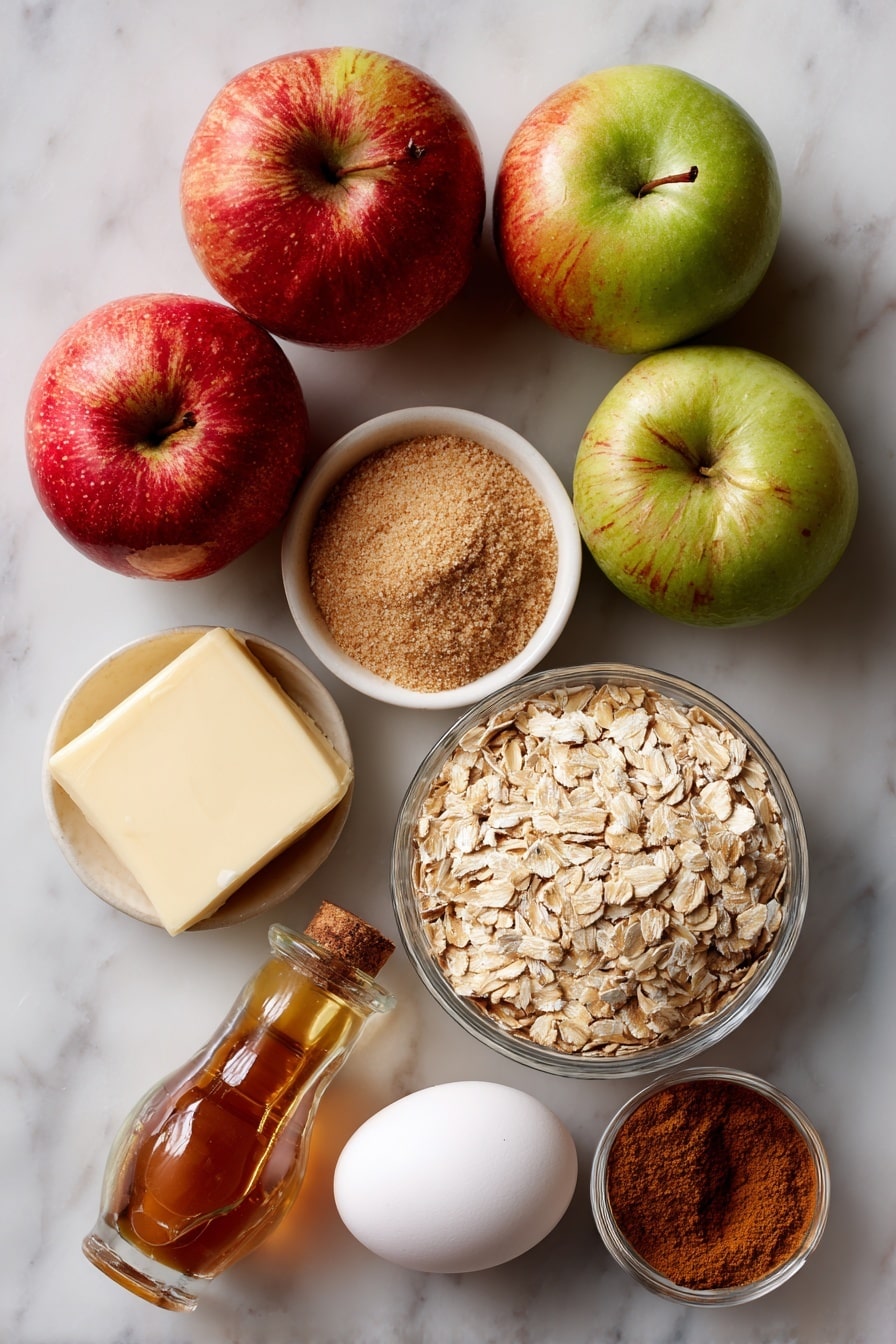 Flat lay of chopped fresh apples with their red and green skin, a neat pile of old-fashioned rolled oats, a small mound of light brown sugar, a stick of unsalted butter softened with a smooth texture, a scattering of ground cinnamon and nutmeg powders creating warm earthy tones, a single fresh egg with a clean shell, and a small glass bottle of vanilla extract, all beautifully arranged on a white marble surface, photo taken with an iphone --ar 2:3 --v 7 - Apple Oatmeal Cookies, fall-inspired cookies, soft apple oatmeal cookies, homemade apple cookies, cozy autumn treats
