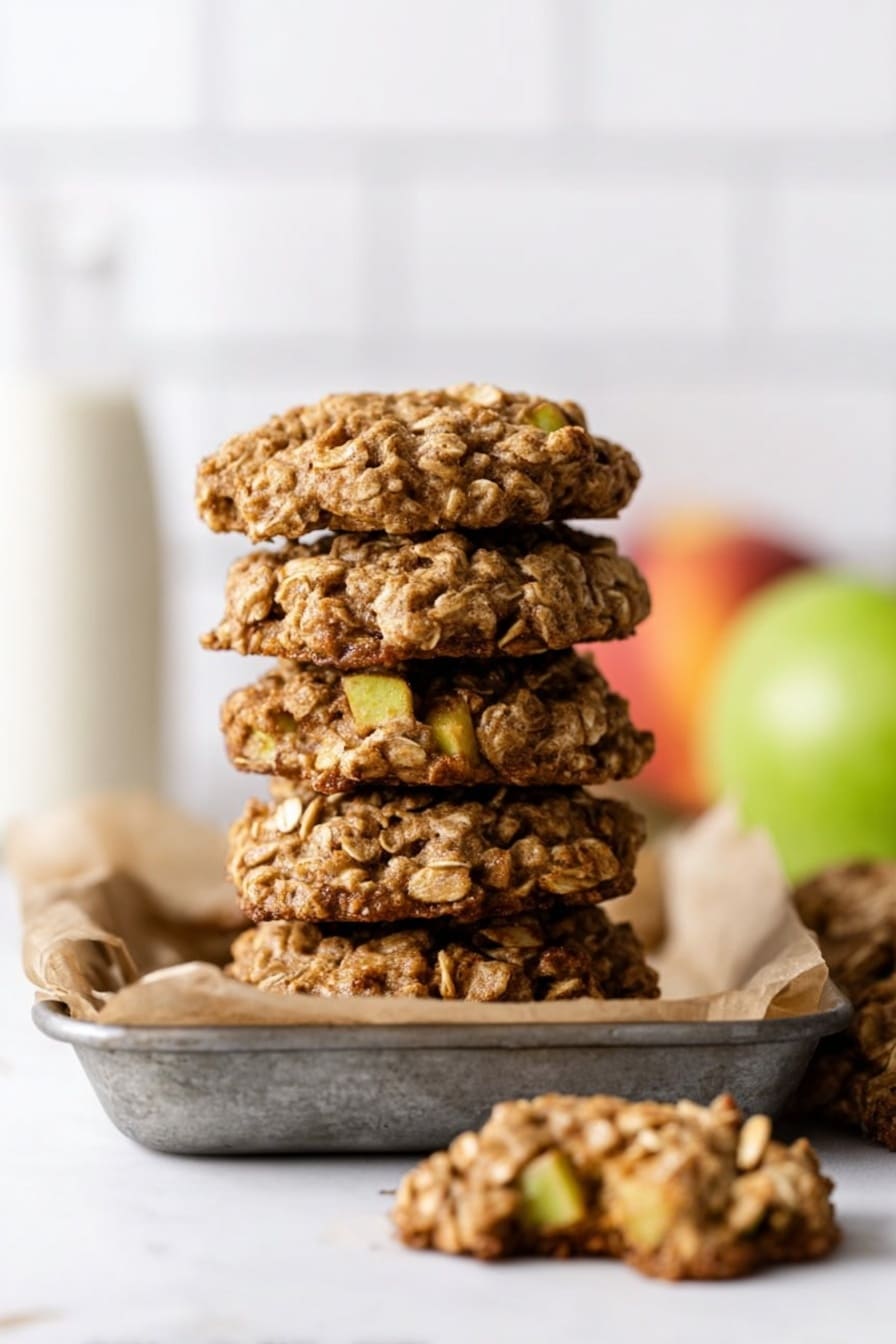 A stack of six brown oatmeal cookies with visible small chunks of yellow apple pieces sits in the center of a metal pan lined with parchment paper. The cookies have a rough texture with oats and apple chunks spread throughout. One cookie lies broken on a white marbled surface in the front left of the image. In the blurred background, there is a green apple and a peach on the right side, and an out-of-focus glass bottle of milk on the left side. The background wall has white subway tiles. photo taken with an iphone --ar 2:3 --v 7 - Apple Oatmeal Cookies, fall-inspired cookies, soft apple oatmeal cookies, homemade apple cookies, cozy autumn treats