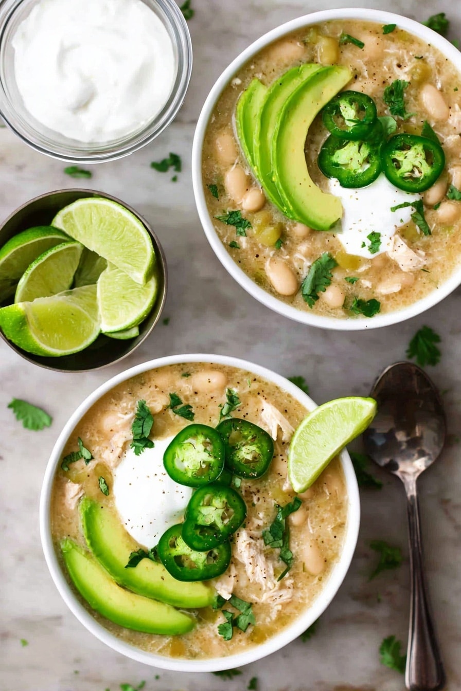 Two white bowls are filled with thick beige soup containing chunks of white meat and beans. Each bowl’s top layer has bright green slices of avocado arranged along one side, a few thin, round slices of green jalapeño peppers, a dollop of white sour cream, and a green lime wedge placed on the edge. Small green cilantro leaves are sprinkled on top of all the bowls. Nearby, a clear glass bowl holds white sour cream, and a small metal bowl contains lime wedges, all set on a white marbled surface. A silver spoon is placed near the bowls. photo taken with an iphone --ar 2:3 --v 7 - Crockpot White Chicken Chili, easy white chicken chili, crockpot chicken chili, creamy chicken chili recipe, healthy crockpot chili