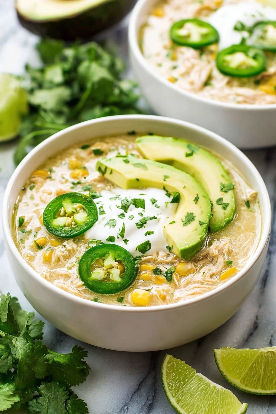 A white bowl filled with light yellow creamy soup, layered with pale shredded chicken and small whole corn kernels visible in the mix. On top, there are three slices of bright green avocado placed on one side and three thin green jalapeño rings on the other. A dollop of white sour cream sits in the center, garnished with finely chopped fresh green cilantro. A thin slice of lime rests along the bowl’s edge. The bowl sits on a white marbled surface with fresh green cilantro leaves and lime wedges scattered around, and another white bowl filled with the same soup is slightly blurred in the background. Photo taken with an iphone --ar 2:3 --v 7 - Crockpot White Chicken Chili, easy white chicken chili, crockpot chicken chili, creamy chicken chili recipe, healthy crockpot chili