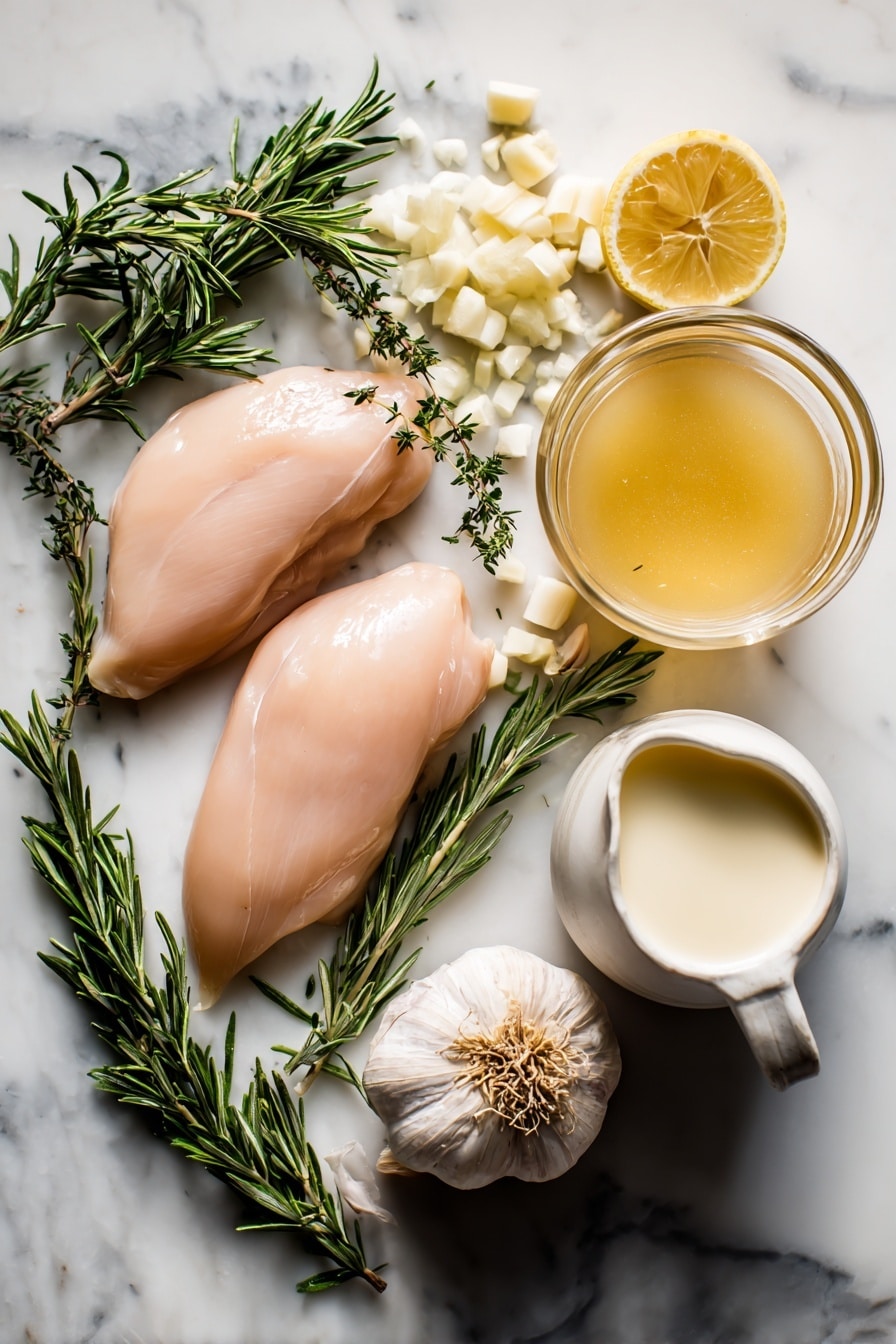 Flat lay of boneless skinless chicken breasts, fresh rosemary sprigs, a whole shallot with some diced pieces, peeled garlic cloves, a bright lemon with both whole fruit and zest curls, a small jug of creamy heavy cream, and a glass container of golden chicken broth, all beautifully arranged with natural light and soft shadows, placed on a white marble surface, photo taken with an iphone --ar 2:3 --v 7 - Slow Cooker Creamy Lemon Herb Chicken, lemon herb chicken, slow cooker chicken recipes, creamy chicken dinner, easy lemon chicken
