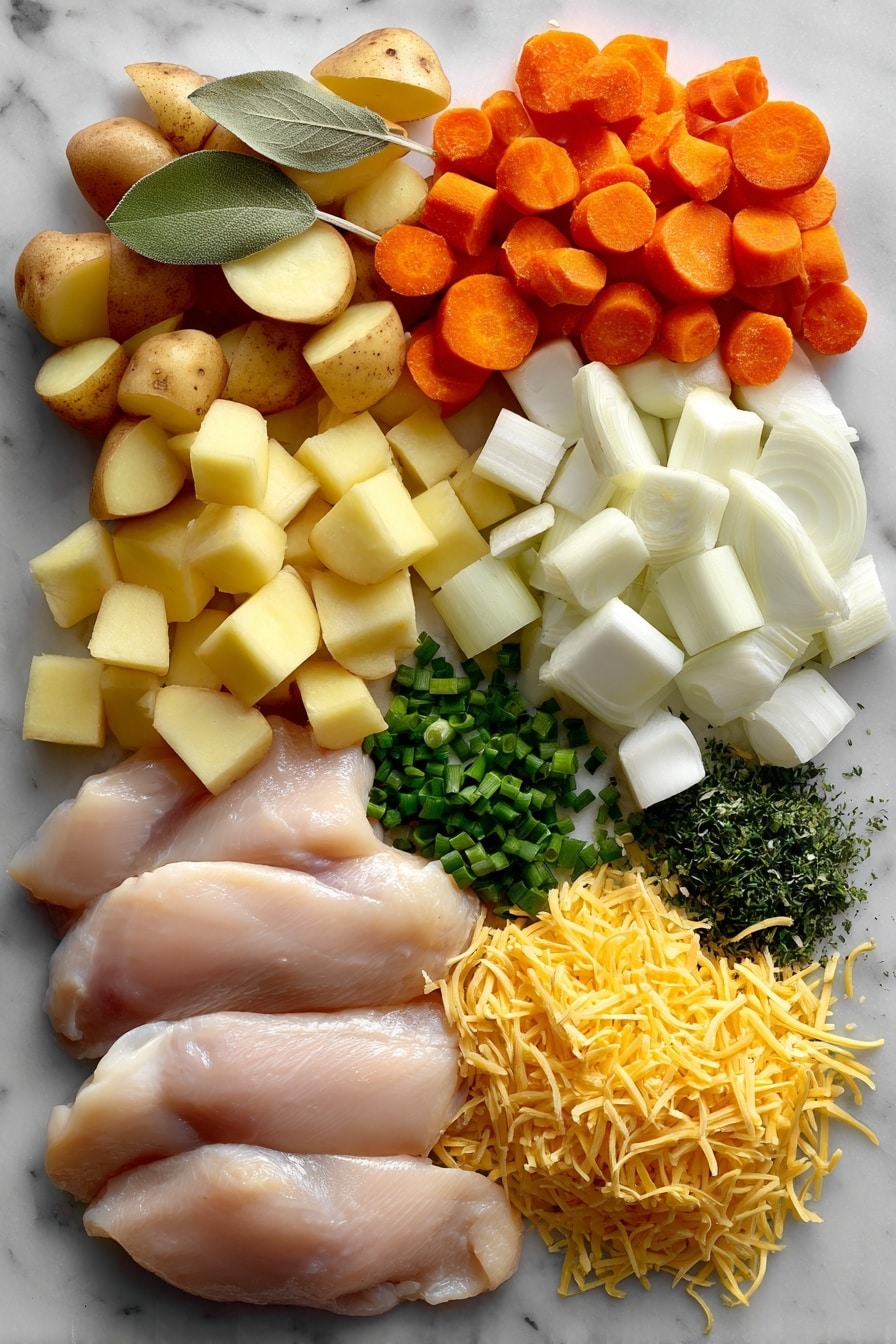 Flat lay of boneless chicken breasts, peeled and cubed russet potatoes, chopped yellow onion, sliced carrots, chopped celery, minced garlic cloves, fresh bay leaves, shredded cheddar cheese, and chopped green chives, all beautifully arranged with vibrant colors and natural textures, placed on a white marble surface, photo taken with an iphone --ar 2:3 --v 7 - Creamy Slow Cooker Chicken and Potato Soup, comforting chicken potato soup, easy slow cooker chicken soup, hearty creamy chicken and potato dish, simple weeknight chicken soup
