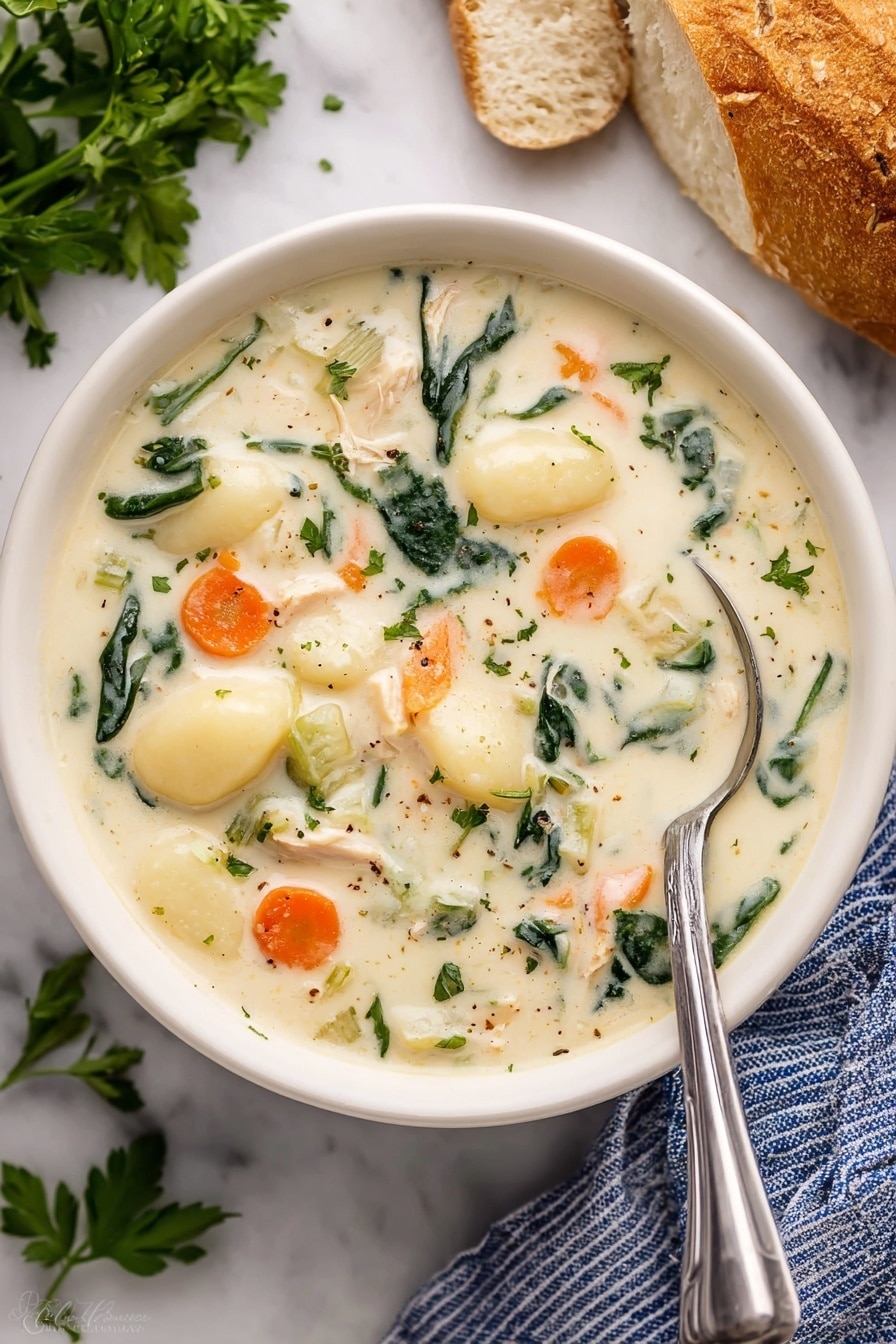 A white bowl filled with a creamy soup showing several layers inside: soft white gnocchi pieces, orange carrot slices, green spinach leaves, small white chunks of chicken, and hints of celery pieces all mixed inside a thick, white creamy broth. A silver spoon rests inside the bowl on the right side. The bowl is placed on a white marbled surface with fresh green parsley leaves on the upper left and pieces of crusty bread on the upper right, next to a blue and white striped cloth at the bottom right. photo taken with an iphone --ar 2:3 --v 7 - Slow Cooker Chicken Gnocchi Soup, chicken gnocchi soup, comforting slow cooker soups, easy chicken soup recipes, creamy chicken gnocchi soup