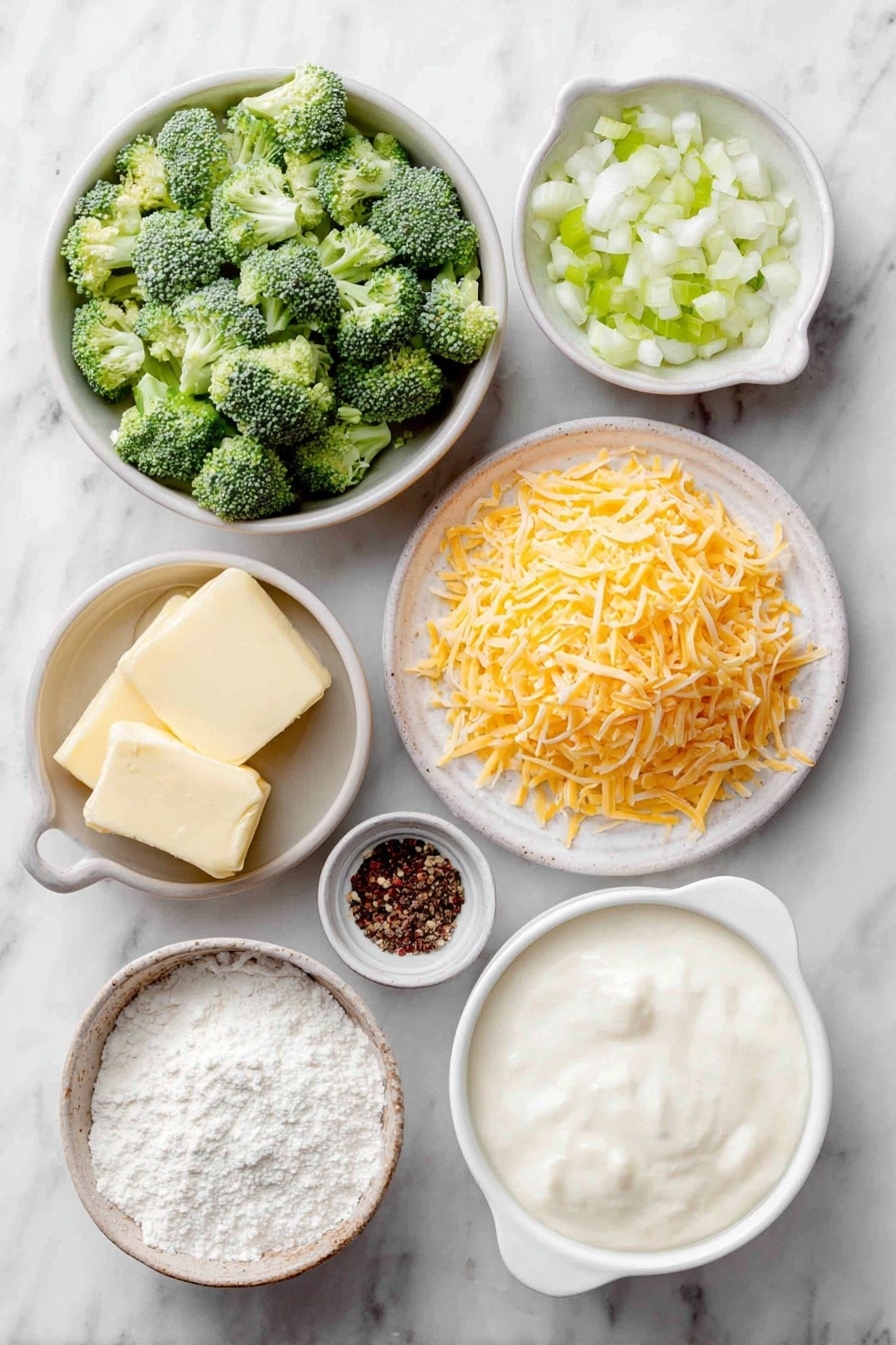Flat lay of fresh small diced broccoli florets, a few pats of smooth yellow butter, finely diced white onion, a small pile of minced garlic, diced celery pieces, a small mound of coarse salt, whole black peppercorns, a small white ceramic bowl of golden chicken broth, a small white bowl filled with white cornstarch powder, a small white bowl of thick heavy cream, shredded bright orange cheddar cheese arranged neatly on a white ceramic plate, all placed on a clean white marble surface, soft natural light, photo taken with an iPhone, professional food photography style, fresh ingredients, white ceramic bowls, no bottles, no duplicates, no utensils, no packaging --ar 2:3 --v 7 --p awthu7i m7354615311229779997 - Crockpot Broccoli Cheese Soup, slow cooker broccoli cheese, easy broccoli cheese soup, creamy broccoli cheddar soup, comfort food soup recipes