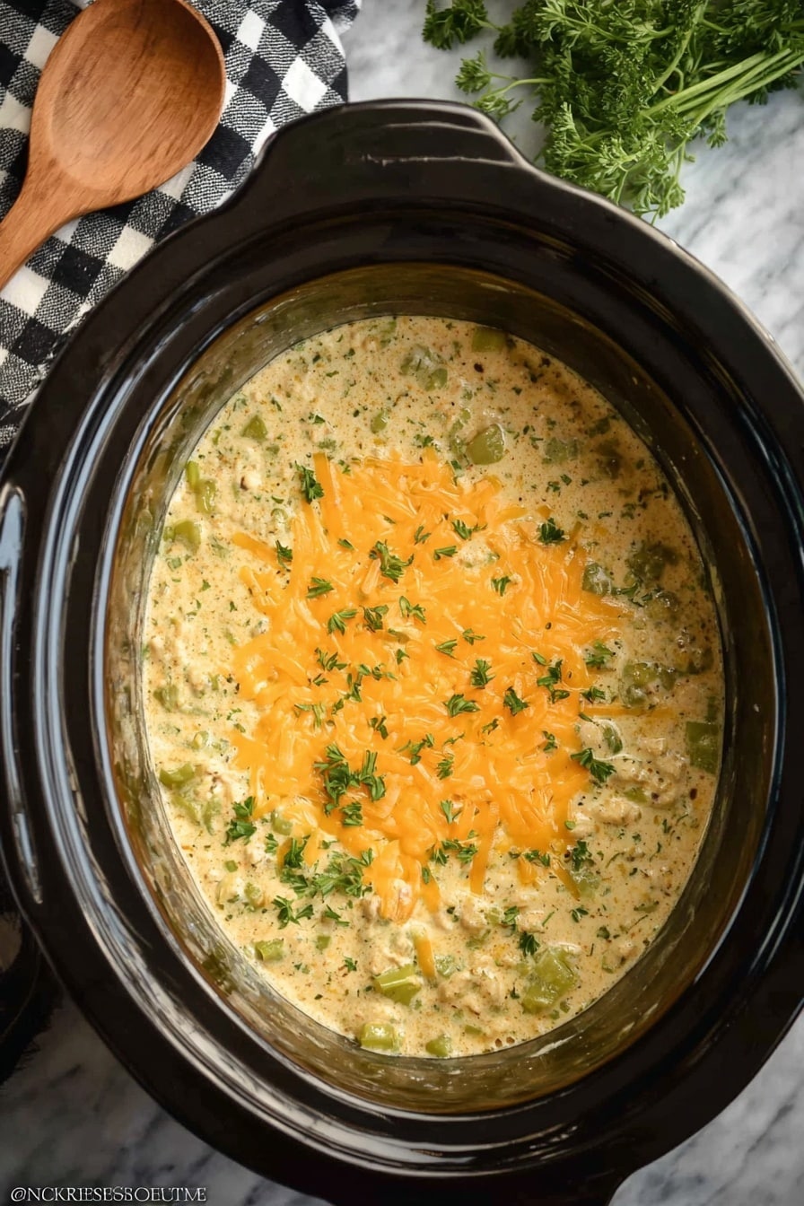A close-up top view of a slow cooker filled with a creamy mixture that has small green pieces of vegetables throughout, topped with a layer of melted orange cheese in the center. The slow cooker is black and sits on a white marbled texture. To the upper left corner, there is a wooden spoon resting on a black and white checkered cloth, and some green herbs lie in the upper right area. Photo taken with an iphone --ar 2:3 --v 7 - Crockpot Broccoli Cheese Soup, slow cooker broccoli cheese, easy broccoli cheese soup, creamy broccoli cheddar soup, comfort food soup recipes