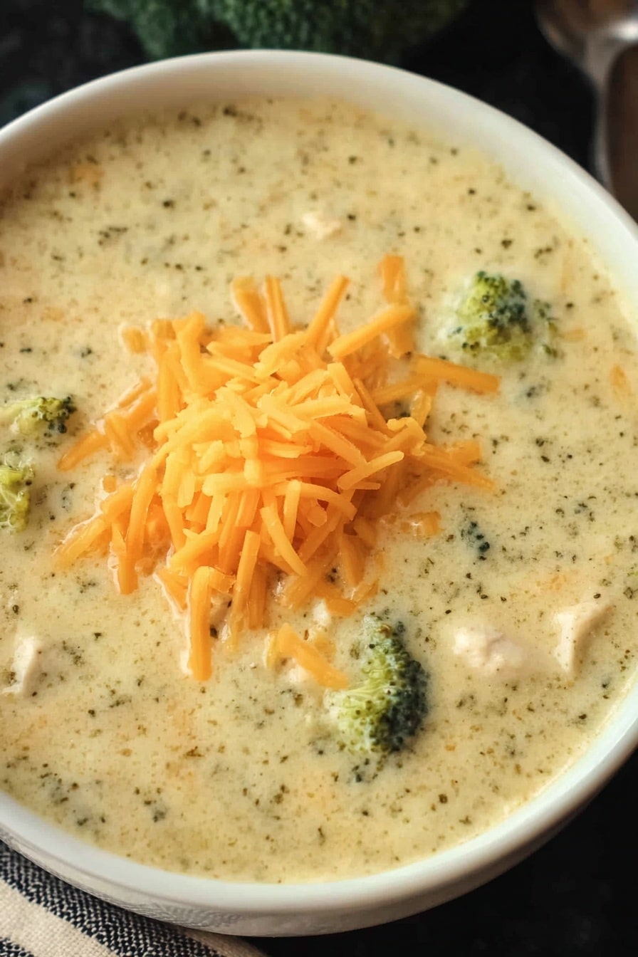 A close-up view of a creamy soup with a thick texture and light greenish-white color mixed with small bits of broccoli and chicken, served in a white bowl. On top of the soup is a small pile of shredded bright orange cheddar cheese. The bowl sits on a white marbled surface. Photo taken with an iphone --ar 2:3 --v 7 - Crockpot Broccoli Cheese Soup, slow cooker broccoli cheese, easy broccoli cheese soup, creamy broccoli cheddar soup, comfort food soup recipes