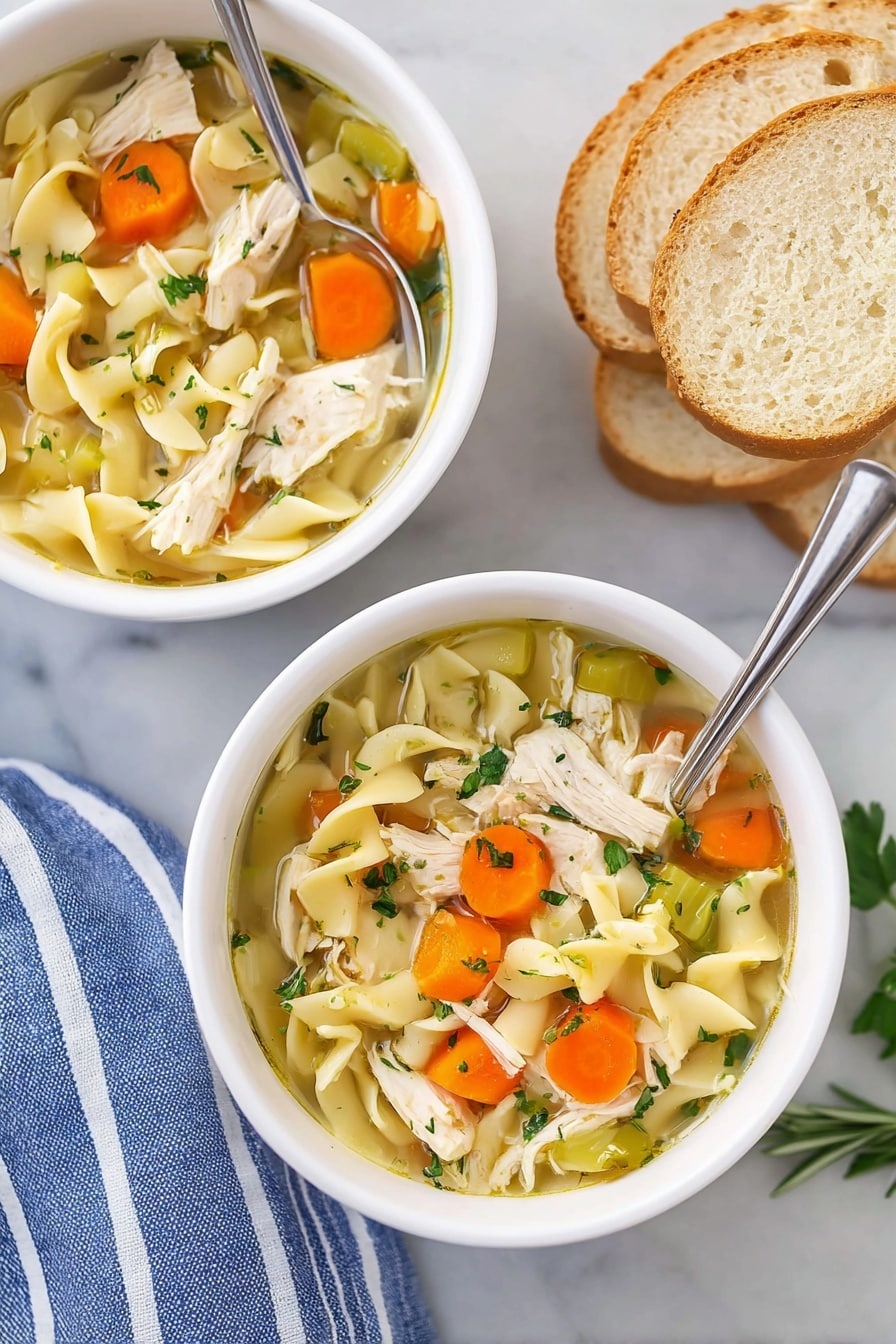 The image shows two white bowls filled with chicken noodle soup placed on a white marbled surface. Each bowl contains clear broth with three main layers: beige spiral egg noodles at the bottom, mixed with orange carrot pieces and light green celery cubes in the middle, and topped with white shredded chicken pieces and small green herb sprigs like parsley and rosemary. Next to the bowls, there are three white slices of toasted bread with a golden crust, and some parsley leaves are scattered around for decoration. A blue and white striped cloth is partially visible under one bowl. Photo taken with an iphone --ar 2:3 --v 7 - Crockpot Chicken Noodle Soup, slow cooker chicken noodle soup, easy chicken noodle soup, comforting crockpot soup, homemade chicken noodle soup