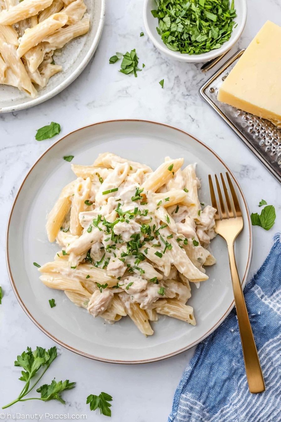 A white plate holds a serving of penne pasta covered in a creamy, pale off-white sauce. The pasta is mixed with small pieces of white meat and sprinkled with chopped green herbs on top. The plate is placed on a white marbled surface with small green herb leaves scattered around. Nearby, there is a white bowl filled with chopped green herbs and a block of pale yellow cheese on a metal grater. A gold-colored fork rests on a blue and white striped cloth to the right of the plate. photo taken with an iphone --ar 2:3 --v 7 - Crock Pot Chicken Alfredo Casserole, creamy chicken pasta bake, slow cooker Alfredo dinner, cheesy chicken casserole, easy Crock Pot chicken recipe
