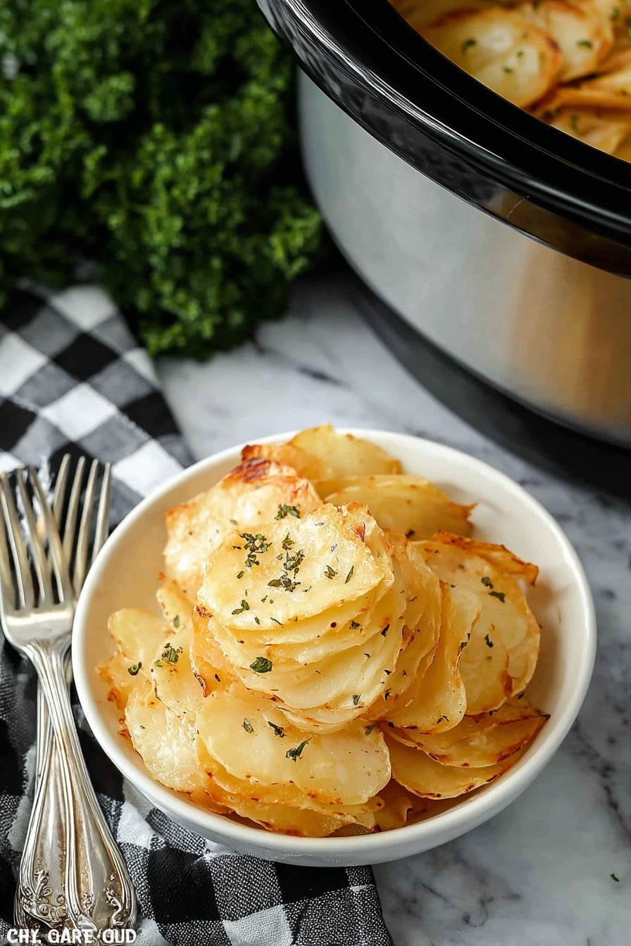 A small white bowl filled with golden layered potato slices, each layer showing a soft, cooked texture with some crispy edges, sprinkled lightly with herbs, sits on a white marbled surface. Beside the bowl, two silver forks rest on a black and white checkered cloth. Part of a silver slow cooker filled with the same layered potato dish is visible in the top right corner, showing the potato slices inside with a creamy and tender appearance. A sprig of green parsley adds a fresh touch to the left side of the scene. Photo taken with an iphone --ar 2:3 --v 7 - Slow Cooker Scalloped Potatoes, cheesy potato side dish, creamy scalloped potatoes, easy slow cooker recipes, comfort food ideas