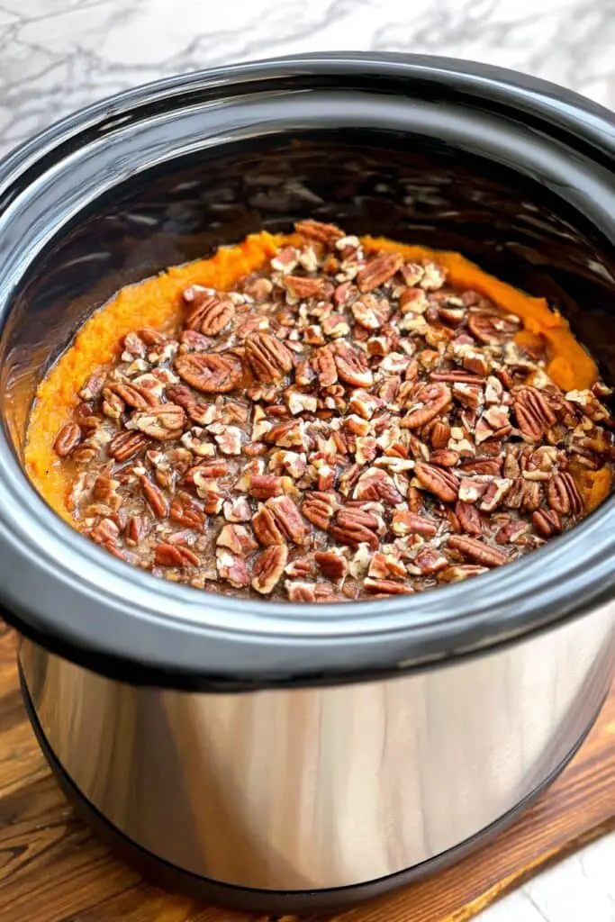 Slow Cooker Sweet Potato Casserole with Maple Syrup and Toasted Pecans Recipe