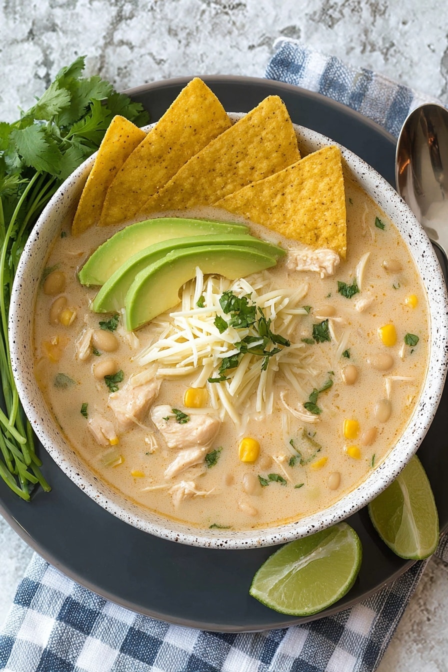 A white speckled bowl sits on a dark brown plate, filled with creamy soup that has a light beige color with visible pieces of shredded chicken, corn, and white beans mixed inside. On top of the soup, there are three triangular yellow tortilla chips standing upright on one side, while thinly shredded white cheese is placed beside them. Next to the cheese, slices of bright green avocado fan out, and a fresh lime wedge sits in the center. Sprinkled throughout the soup are small green cilantro leaves. The setup is on a white marbled surface with some avocado halves and fresh cilantro blurred in the background. photo taken with an iphone --ar 2:3 --v 7 - White Chicken Chili, Best White Chicken Chili, Creamy White Chicken Chili, Easy White Chicken Chili Recipe, Healthy White Chicken Chili