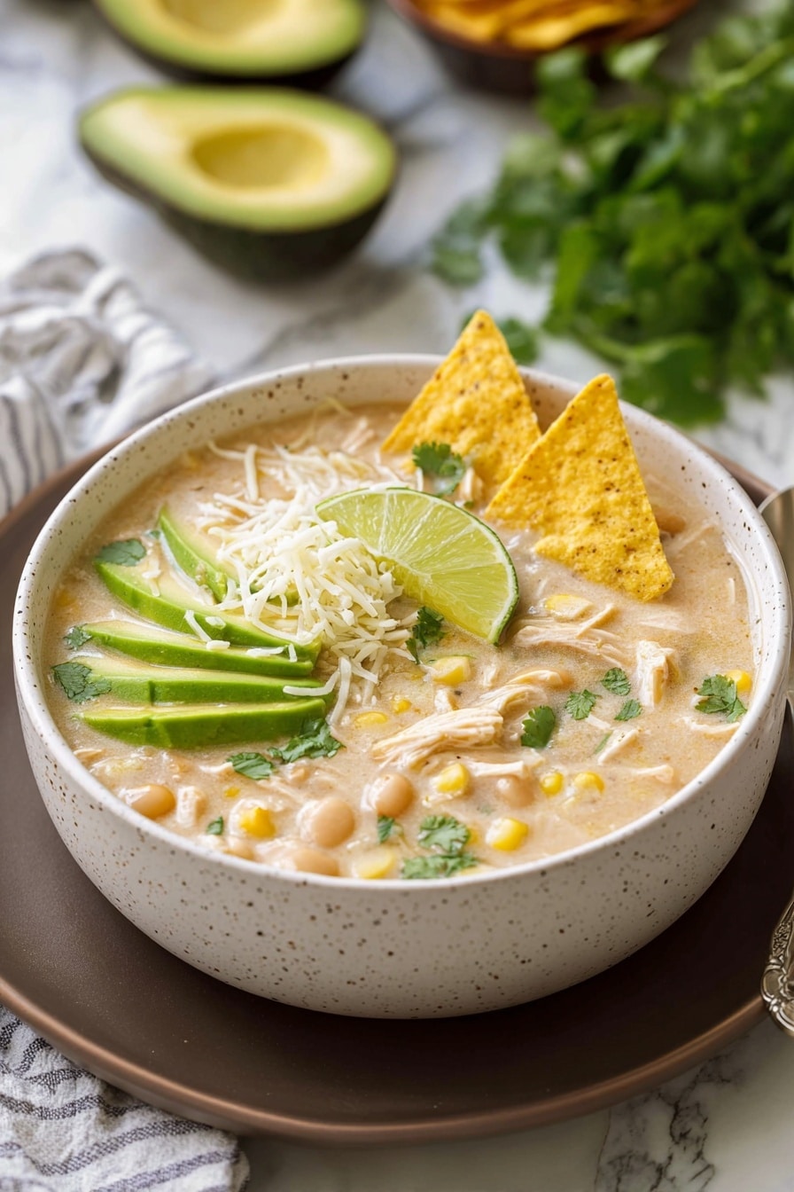 The dish is a creamy soup served in a white speckled bowl placed on a dark plate against a white marbled textured surface. The soup has a light beige color with visible chunks of chicken, corn, and white beans scattered throughout. On top, there are three large yellow tortilla chips arranged along the upper side, a handful of shredded white cheese in the center, a few green cilantro leaves sprinkled around, thin slices of avocado fanned out on the left side, and a wedge of lime resting near the avocado. A spoon is placed beside the bowl on a white and blue checkered napkin. Photo taken with an iphone --ar 2:3 --v 7 - White Chicken Chili, Best White Chicken Chili, Creamy White Chicken Chili, Easy White Chicken Chili Recipe, Healthy White Chicken Chili