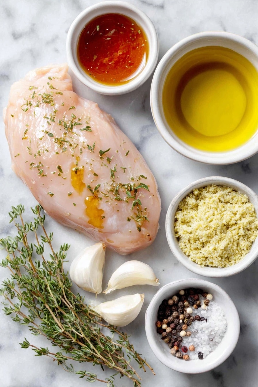 Flat lay of a fresh boneless, skinless chicken breast half, a small drizzle of golden olive oil in a white ceramic bowl, a small white bowl with glossy amber maple syrup, two cloves of fresh garlic with papery skin, a few sprigs of fresh green thyme, a small white bowl of pale yellow stone-ground mustard with visible mustard seeds, a small white bowl of clear cider vinegar, a small white bowl filled with light golden low-sodium chicken broth, a small pile of coarse black peppercorns, and a small pile of fine white salt crystals, all arranged symmetrically on a clean white marble surface, soft natural light, photo taken with an iPhone, professional food photography style, fresh ingredients, white ceramic bowls, no bottles, no duplicates, no utensils, no packaging --ar 2:3 --v 7 --p awthu7i m7354615311229779997 - Maple Mustard Glazed Chicken, easy chicken dinner recipes, quick skillet chicken, healthy chicken recipes, sweet and tangy chicken dishes