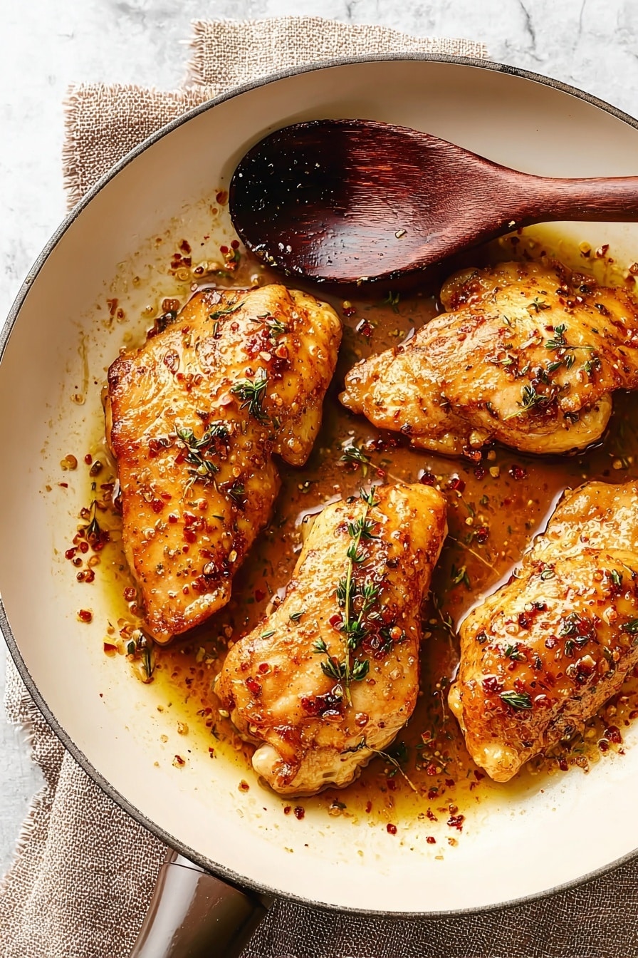 The image shows a close-up of four golden brown chicken pieces cooking in a copper-colored frying pan with a shiny glaze of sauce on them, speckled with herbs and black pepper. The chicken pieces vary in size, with two larger pieces at the center and two smaller ones towards the top and bottom right. A dark wooden spoon with sauce droplets rests on the right side of the pan, which sits on a light brown cloth on a white marbled surface. The sauce glistens with a slightly sticky texture, pooling lightly around the chicken, highlighting the juicy, cooked texture of the meat photo taken with an iphone --ar 2:3 --v 7 - Maple Mustard Glazed Chicken, easy chicken dinner recipes, quick skillet chicken, healthy chicken recipes, sweet and tangy chicken dishes