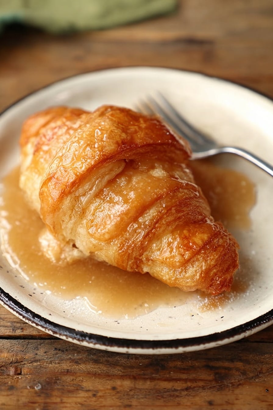 A single golden brown croissant sits on a white plate with a slightly worn black rim. The croissant is covered in a shiny light brown sauce that pools around its base, giving it a moist look. The croissant shows flaky layers with a soft, smooth texture visible under the sauce. The plate rests on a rustic wooden table, but the background and surface should be imagined as a white marbled texture. A fork lies behind the croissant on the plate. Photo taken with an iphone --ar 2:3 --v 7 - Apple Dumplings with Cinnamon and Sprite, apple cinnamon dessert, easy baked apple dumplings, fall dessert recipes, cinnamon apple treats