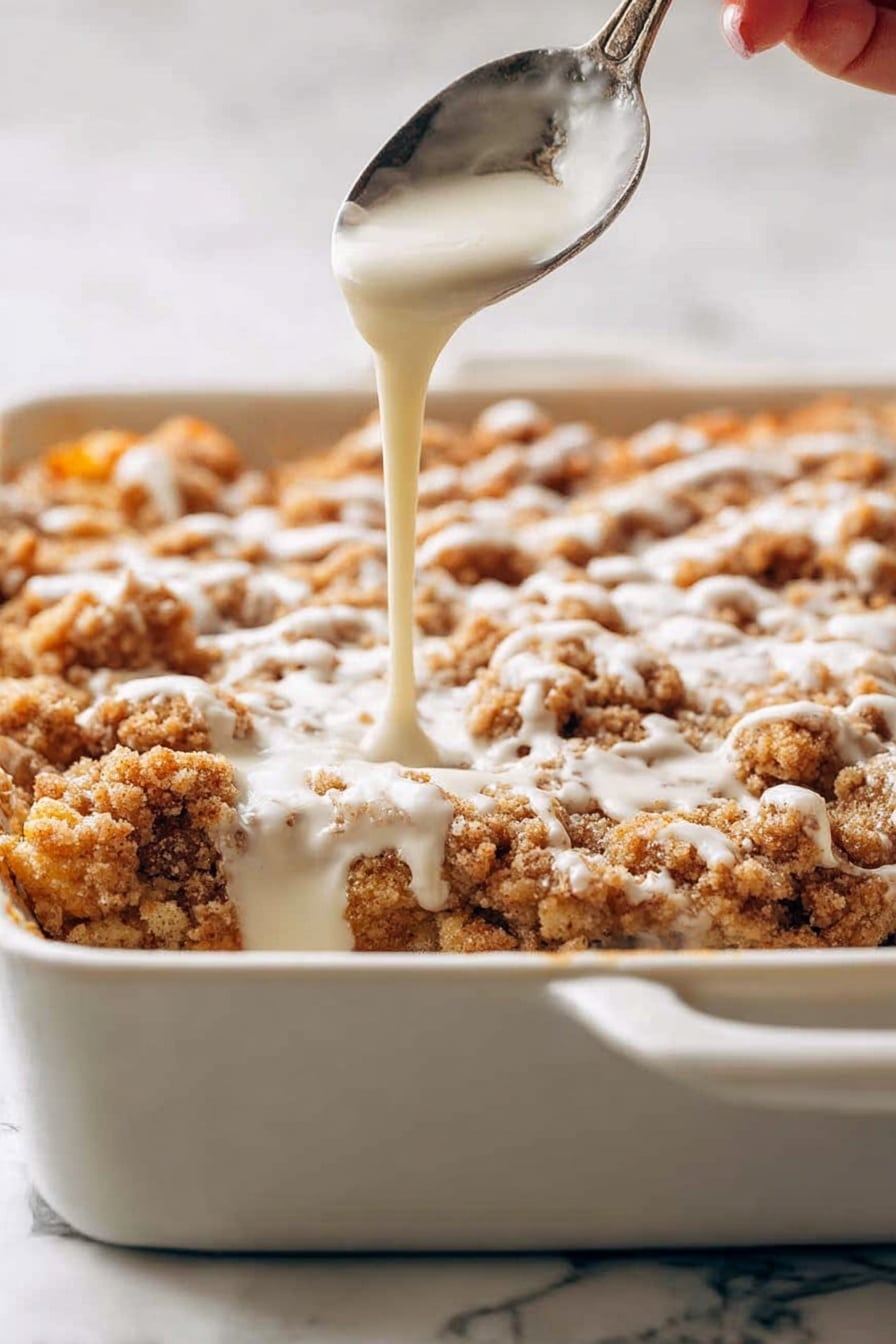 The dish shows a white baking dish filled with a layered dessert that has a golden brown crumb topping with a rough, crumbly texture. A woman's hand is holding a spoon above the dish, slowly pouring a smooth, creamy white sauce over the crumbly top layer, creating small pools of sauce on the uneven surface. The dessert appears dense and thick with visible pieces of baked dough beneath the crumbly layer. The background and surface are white with a marbled texture. photo taken with an iphone --ar 2:3 --v 7 - Apple French Toast Casserole, apple cinnamon breakfast, easy baked french toast, cozy brunch dish, apple dessert casserole
