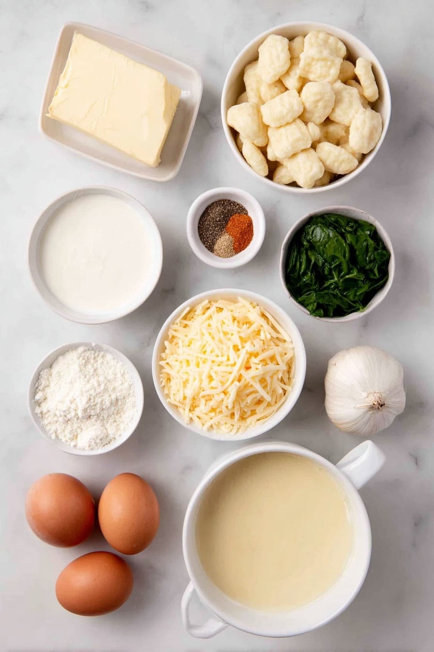 Flat lay of a small pat of butter, one small diced onion, two whole celery ribs, one large peeled and shredded carrot, two peeled garlic cloves, a simple white ceramic bowl filled with pale yellow chicken broth, a cluster of fresh potato gnocchi, a small white bowl of heavy cream, a small white bowl of whole milk, a neat pile of shredded sharp cheddar cheese, a small white bowl of finely grated parmesan cheese, a handful of chopped fresh spinach, a small white bowl of dry mustard powder, a small white bowl of coarse black pepper, and two whole uncracked brown eggs — all arranged in perfect symmetry on a clean white marble surface, soft natural light, photo taken with an iPhone, professional food photography style, fresh ingredients, white ceramic bowls, no bottles, no duplicates, no utensils, no packaging --ar 2:3 --v 7 --p awthu7i m7354615311229779997 - Cheesy Gnocchi Soup, easy cheesy gnocchi soup, cheesy gnocchi recipe, creamy gnocchi soup, comforting soup recipes